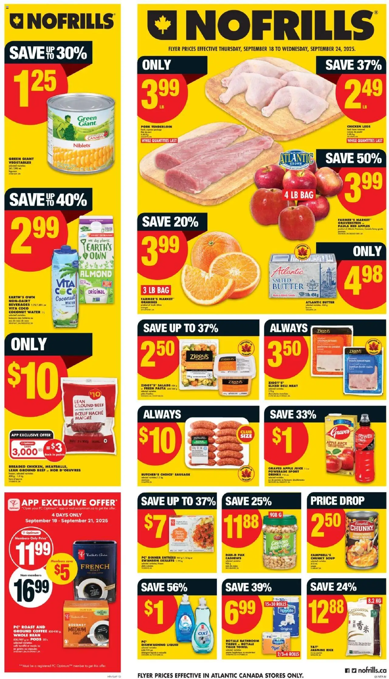 No Frills flyer valid from Sep 18, 2025 - page number 1 - Apples, Chicken, PC, Legumes, Sausage, Toilet paper, Grains, Detergent
