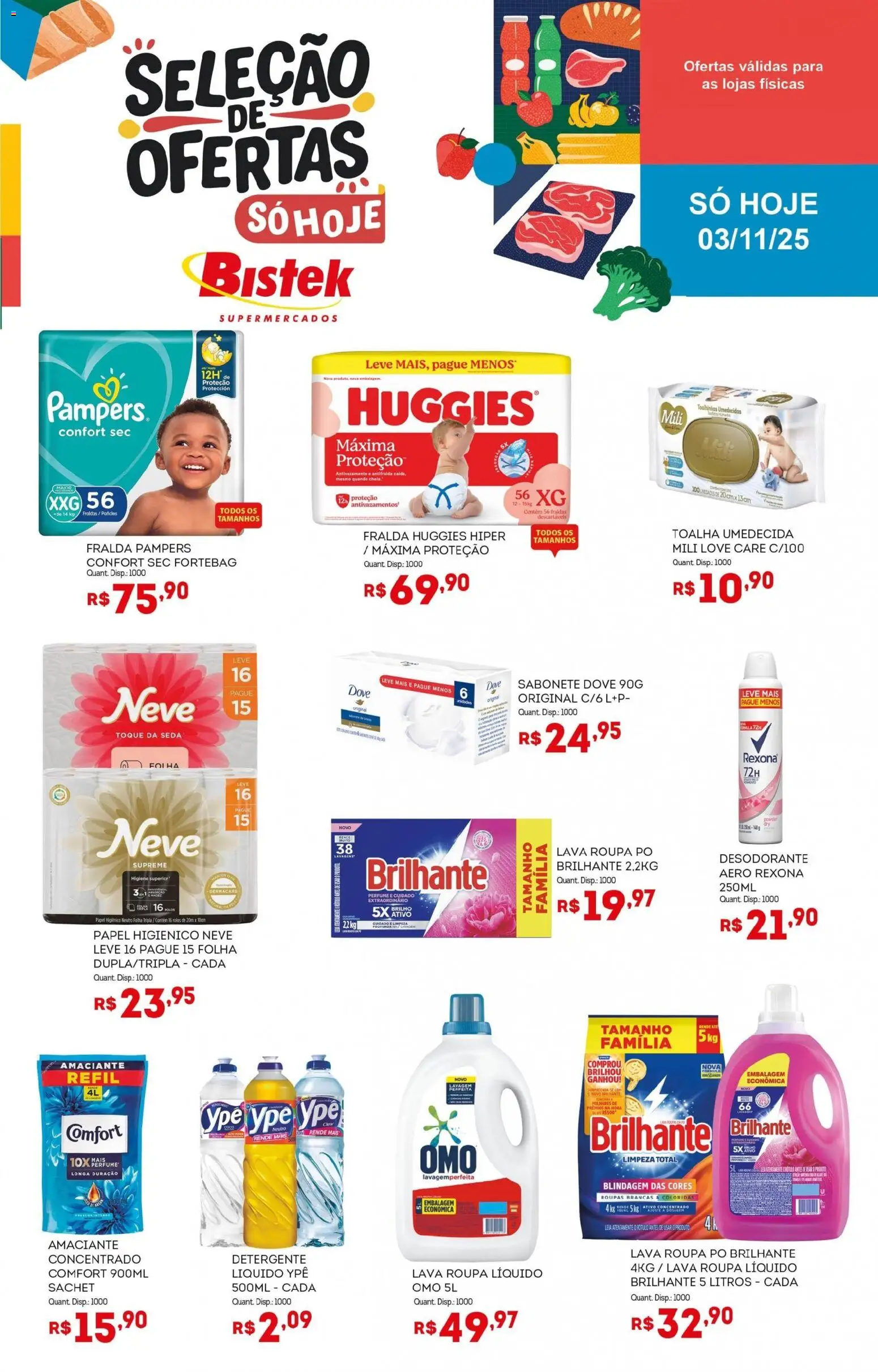 Pré-Visualização do folheto "Ofertas do Dia" da loja Bistek Supermercados válido a partir de 03/11/2025 - Perfume, Fraldas, Fralda pampers, Desodorante, Papel higiênico, Rexona, Amaciante, Pó