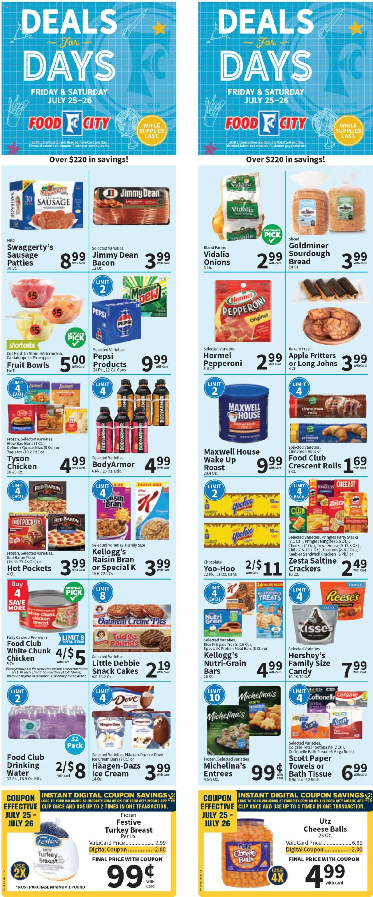 Food City Weekly Ad from 07/23/2025 - Flyer - Page number 1 - Turkey breast, Chocolate, Protein, Pineapple, Cream, Water, Fruit, Pepsi