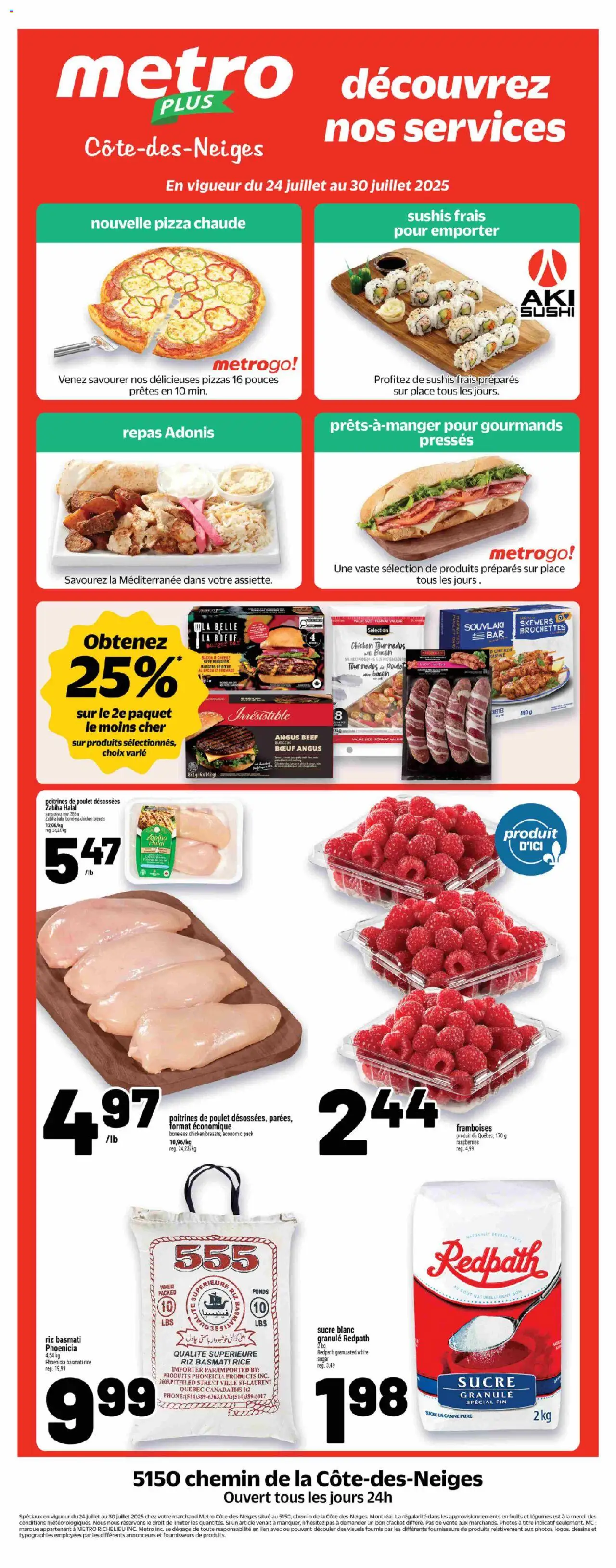 Metro flyer valid from Jul 24, 2025 - page number 1 - Rice, Beef, Bacon, Raspberries, Meat, Legumes, Cheese, Pizza