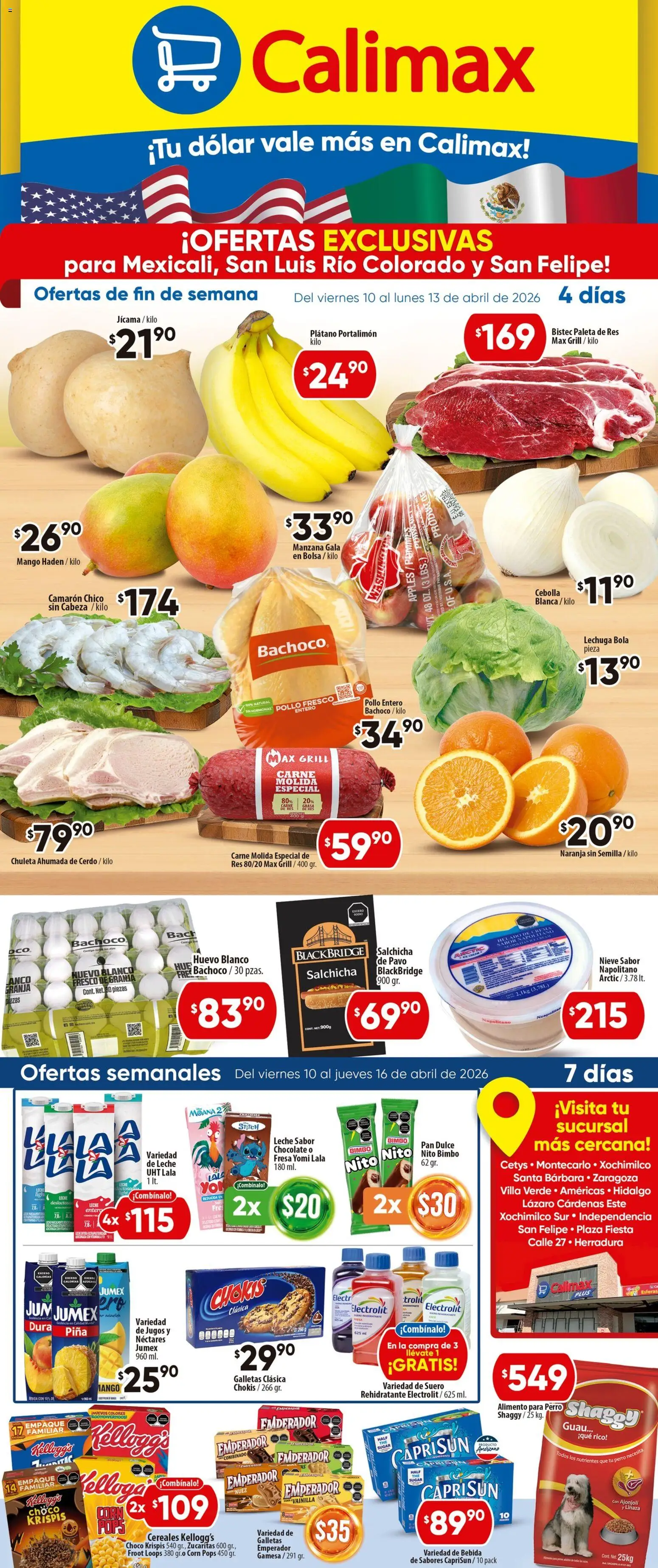 Vista previa las ofertas de la tienda Calimax - Calimax folleto Mexicali y SLRC desde el 10/04/2026 - Bolsa, Huevo, Carne, Cebolla, Salchicha, Pan dulce, Res, Carne molida