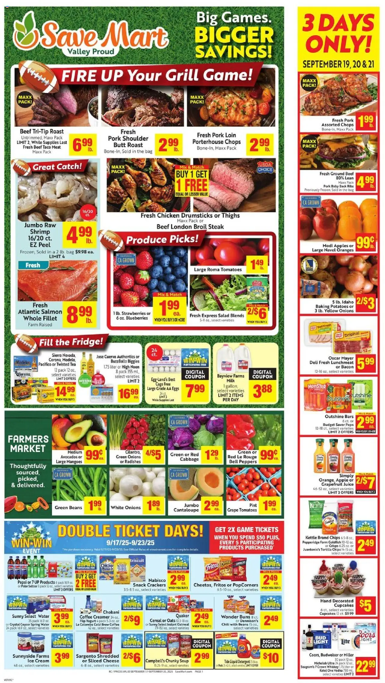 Save Mart Weekly Ad from 09/17/2025 - Flyer - Page number 1 - Chili, Potatoes, Tomatoes, Blueberries, Cabbage, Pork shoulder, Detergent, Chicken