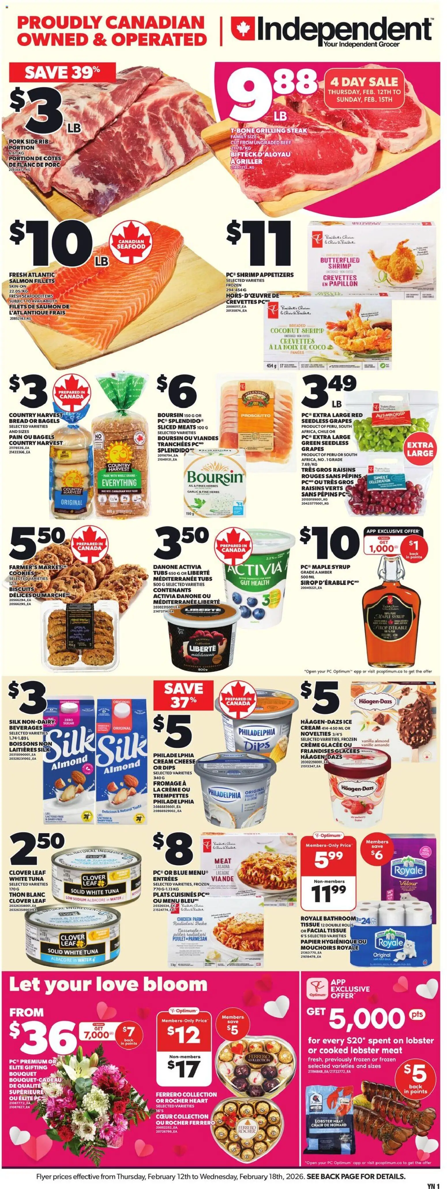 Preview of leaflet Weekly Flyer - NS from shop Independent Grocer is valid from Feb 12, 2026 - Maple syrup, Cream cheese, Appetizers, Tuna, Garlic, Lasagne, Flour, Syrup