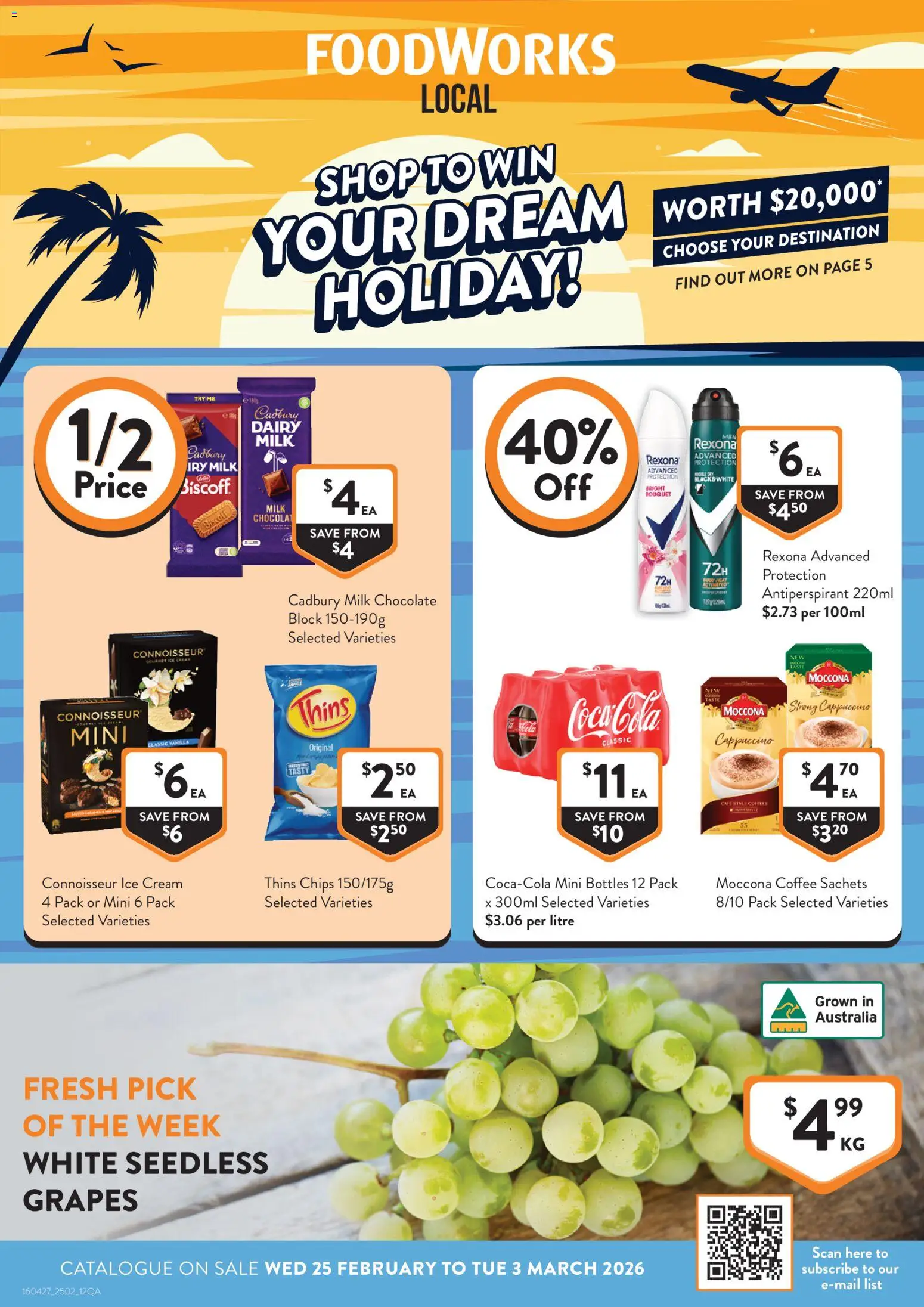 Preview of catalogue Catalogue QLD from shop Foodworks valid 25/02/2026 - Milk, Coffee, Chocolate, Antiperspirant, Sachets, Cappuccino, Ice cream, Seedless grapes