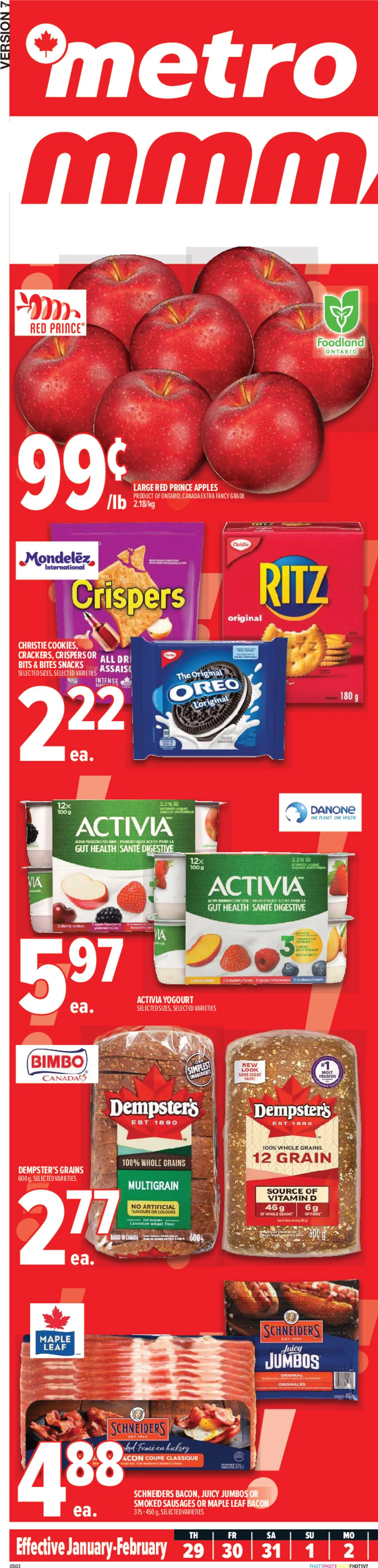 Preview of leaflet Québec from shop Metro is valid from Jan 29, 2026 - Apples, Snacks, Yogurt, Bacon, Oreo, Sausages, Flour, Grains