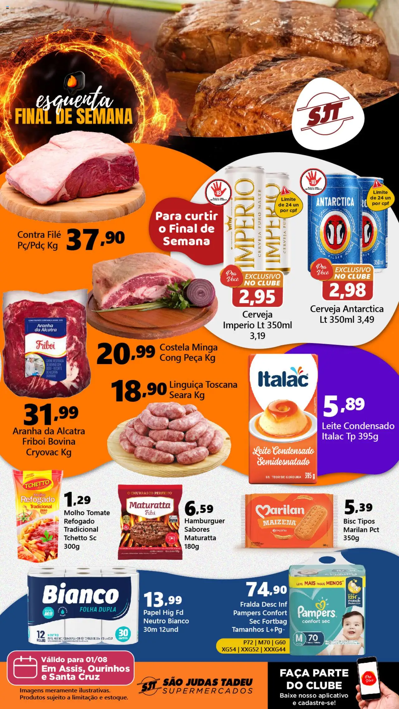São Judas Tadeu folheto "Ofertas da semana" válido a partir de 01/08/2025 - número de página 1 - Hambúrguer, Cerveja, Leite, Carne, Tomate, Pampers, Alcatra, Aranha da alcatra