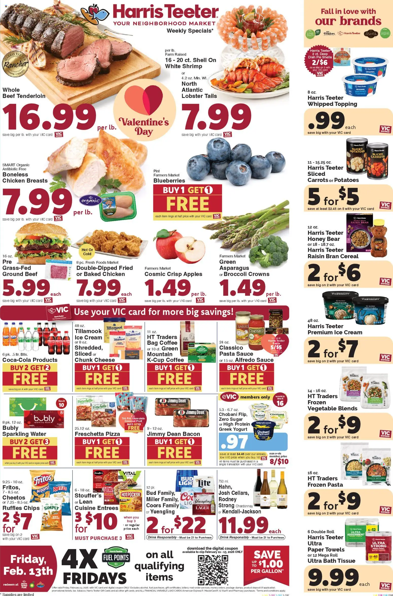 Ad Preview of Harris Teeter Weekly Ad from 02/11/2026 - Water, Gnocchi, Shrimp, Cereal, Bacon, Carrots, Beef, Sauce