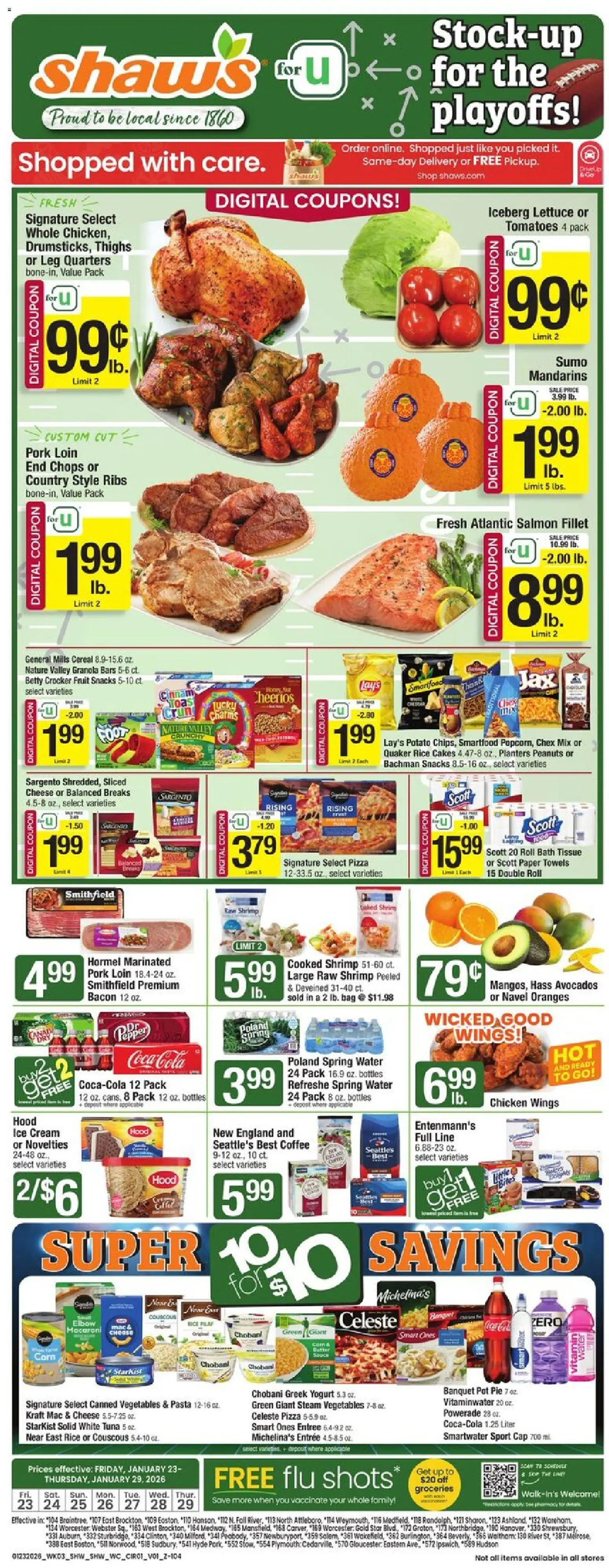 Ad Preview of Shaw's Weekly Ad from 01/23/2026 - Oranges, Fruit, Shrimp, Yogurt, Rice cakes, Bag, Mandarins, Paper towels