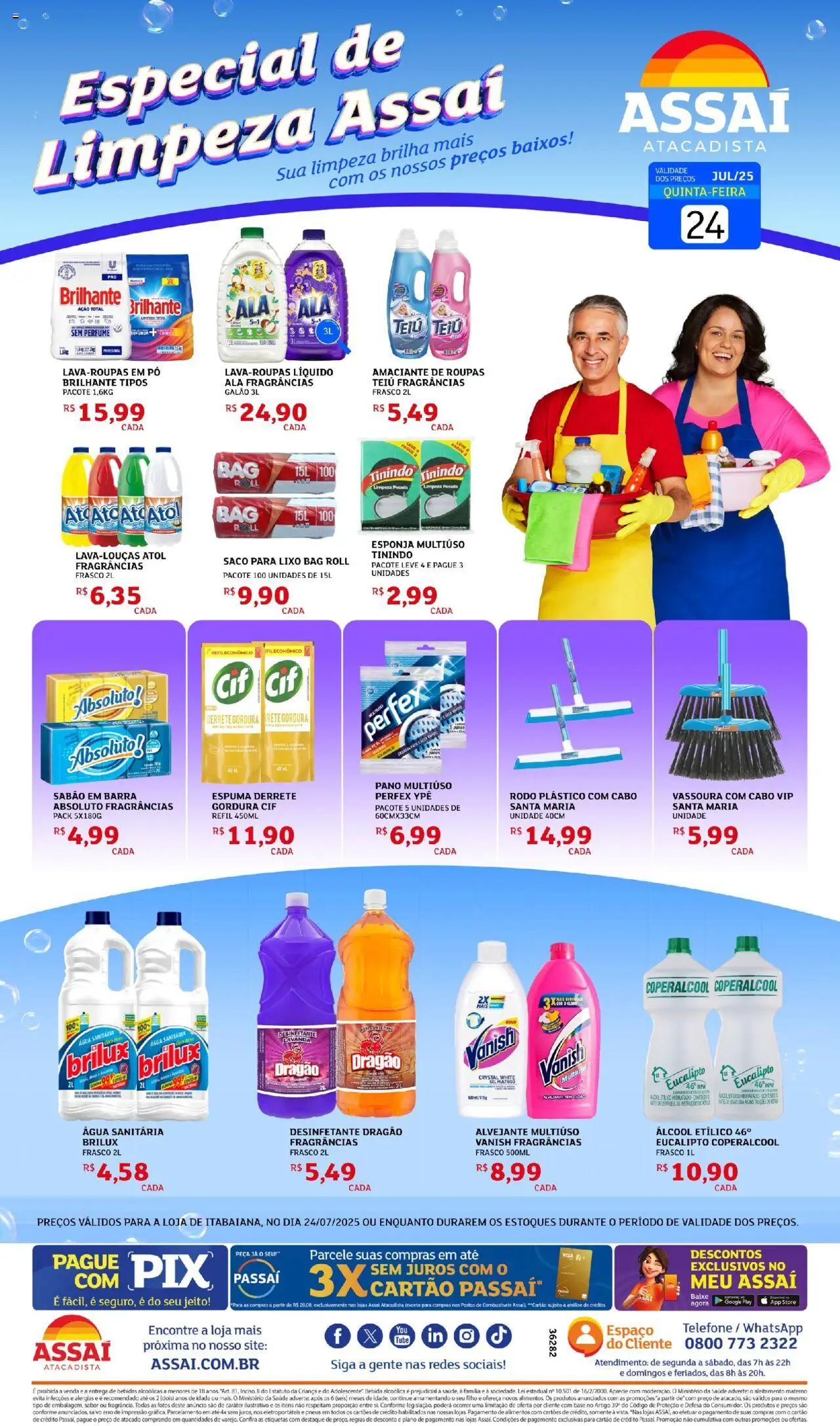 Assaí Atacadista folheto "Encarte - SE" válido a partir de 24/07/2025 - número de página 1 - Perfume, Pó, Esponja, Alvejante, Alimentos, Telefone, Vanish, Desinfetante