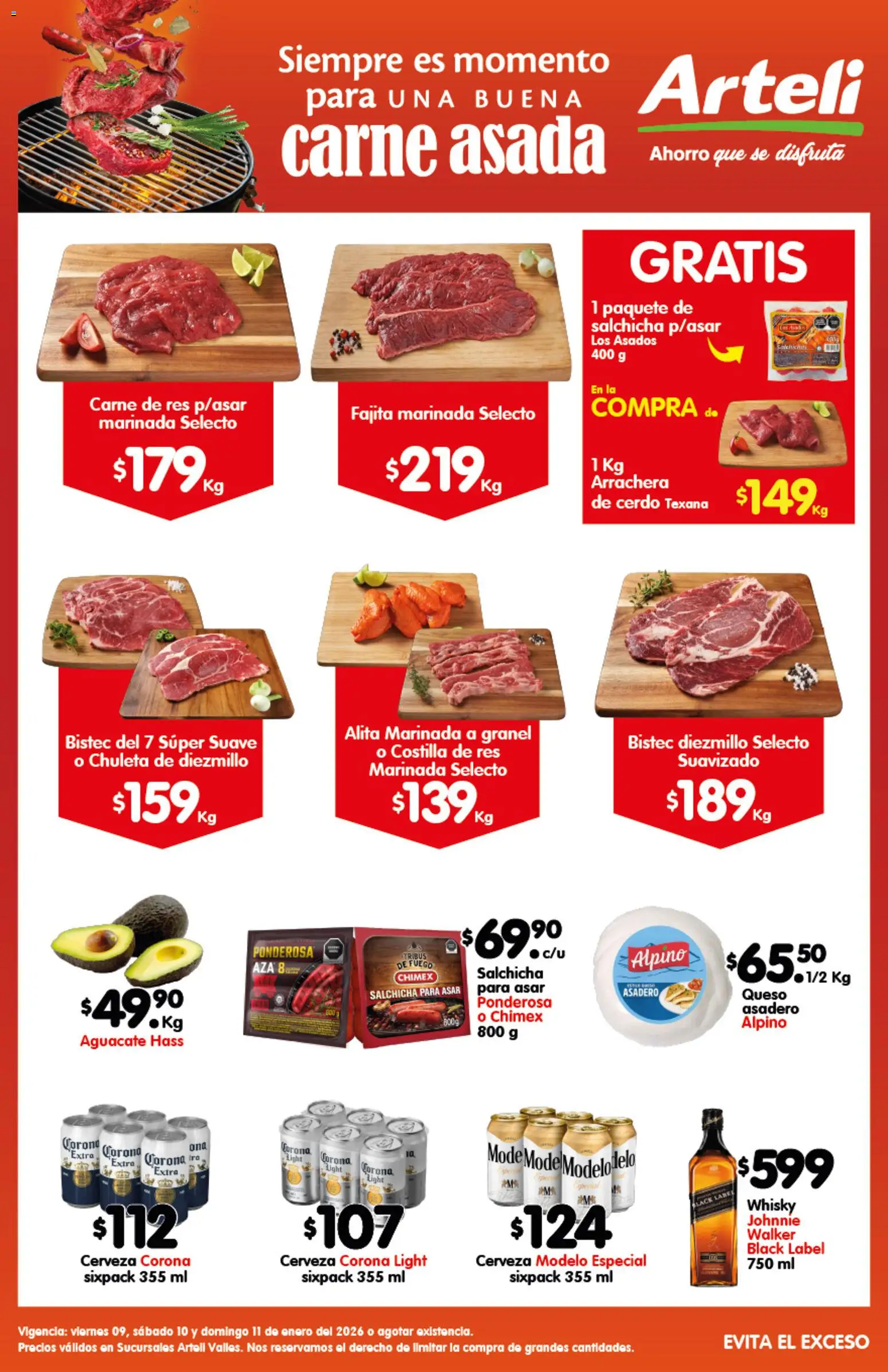 Vista previa las ofertas de la tienda Arteli - Folleto Carnita Asada Valles desde el 09/01/2026 - Whisky, Cerveza, Carne, Cerdo, Bistec, Salchicha, Chuleta, Carne de res