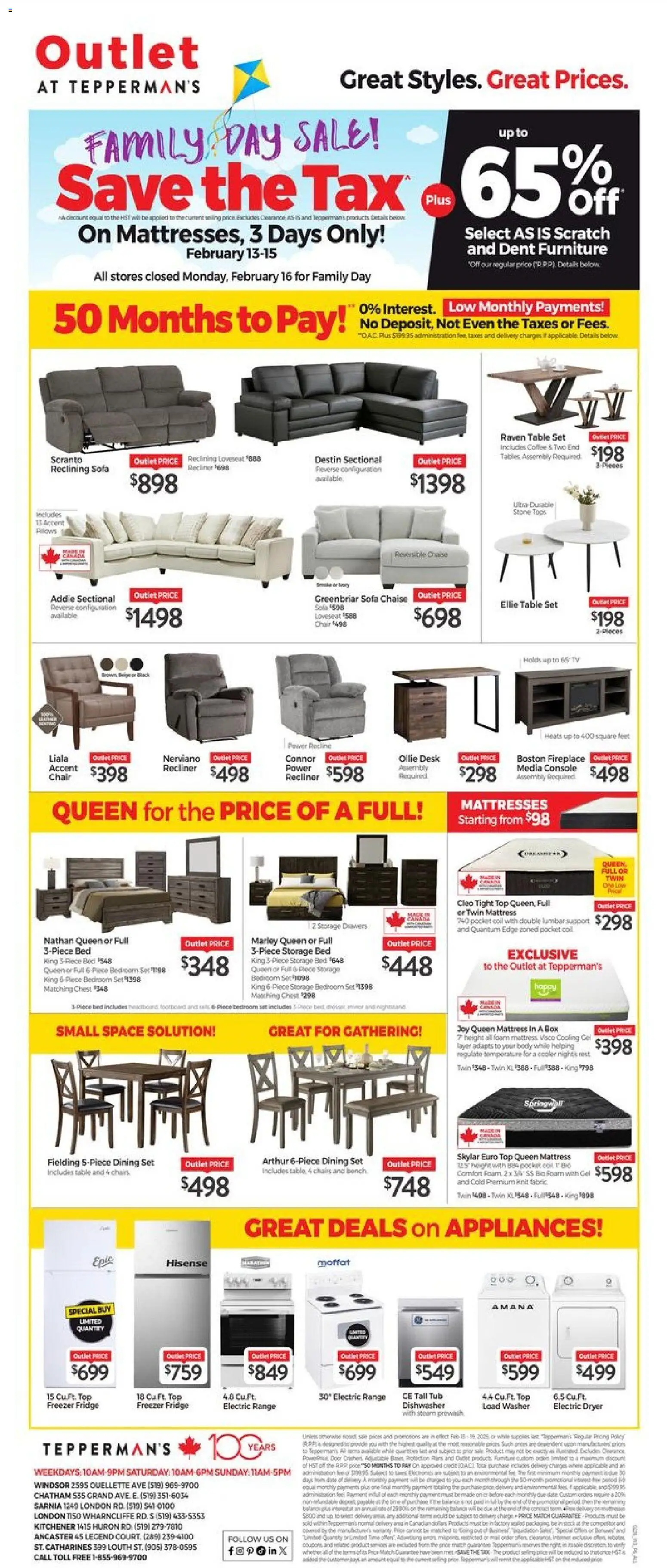 Preview of leaflet Outlet from shop Tepperman's is valid from Feb 13, 2026 - Tv, Mattresses, Sofa, Chair, Chairs, Dryer, Foam, Dining set