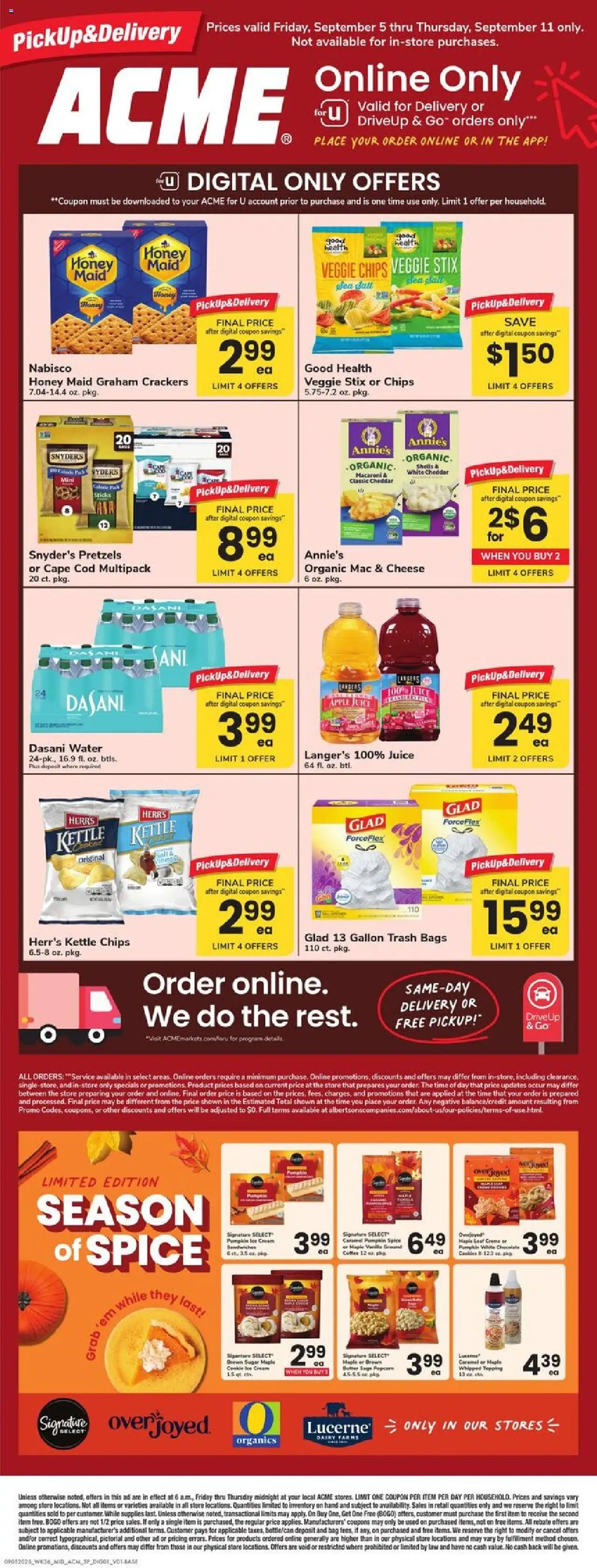 Acme Specialty Publication from 09/05/2025 - Circular, Flyer - Page number 1 - Chocolate, Water, Ice, Honey, Pumpkin, Sugar, Crackers, White chocolate
