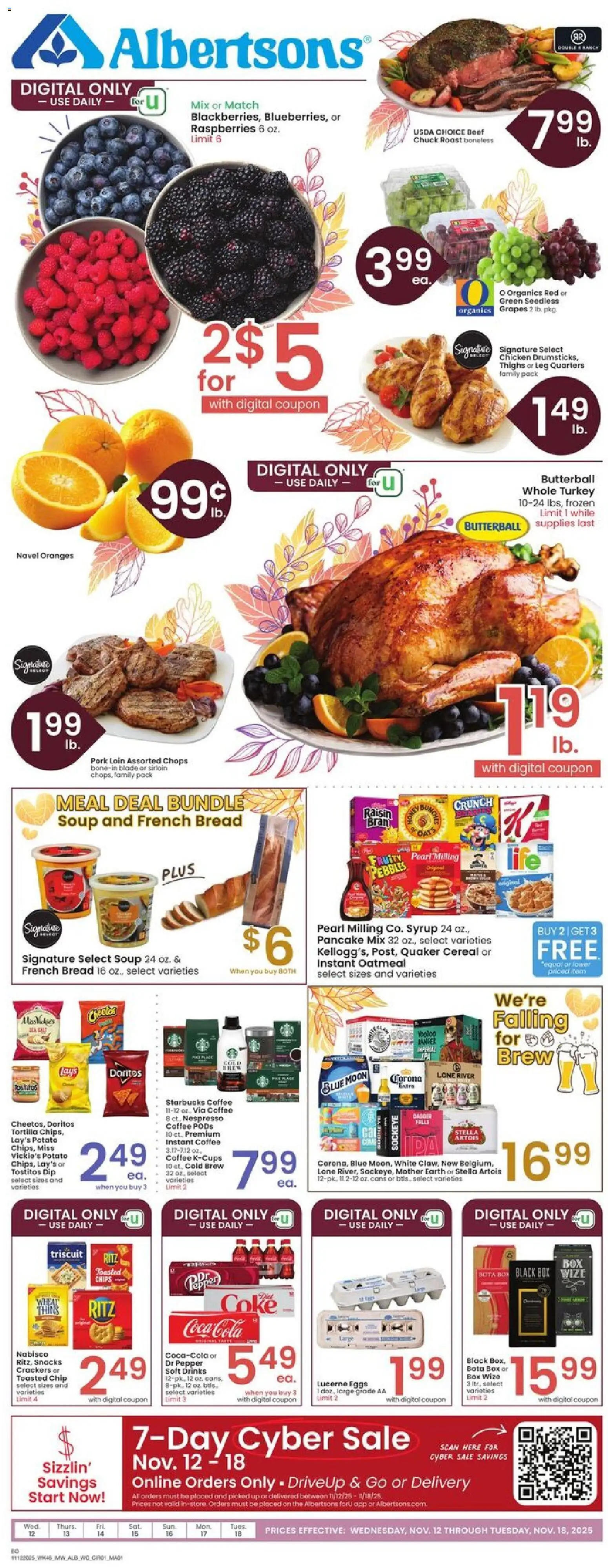Ad Preview of Albertsons Weekly Ad from 11/12/2025 - Box, Eggs, Snacks, Bread, Cereal, Pepper, Grapes, Syrup