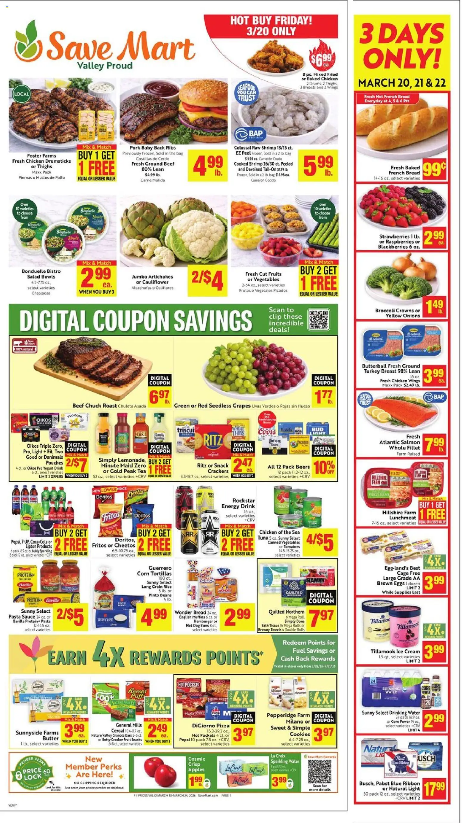 Ad Preview of Save Mart Save Mart Weekly - CA from 03/18/2026 - Pasta, Salmon, Shrimp, Tomatoes, Butter, Bag, Bath, Pork