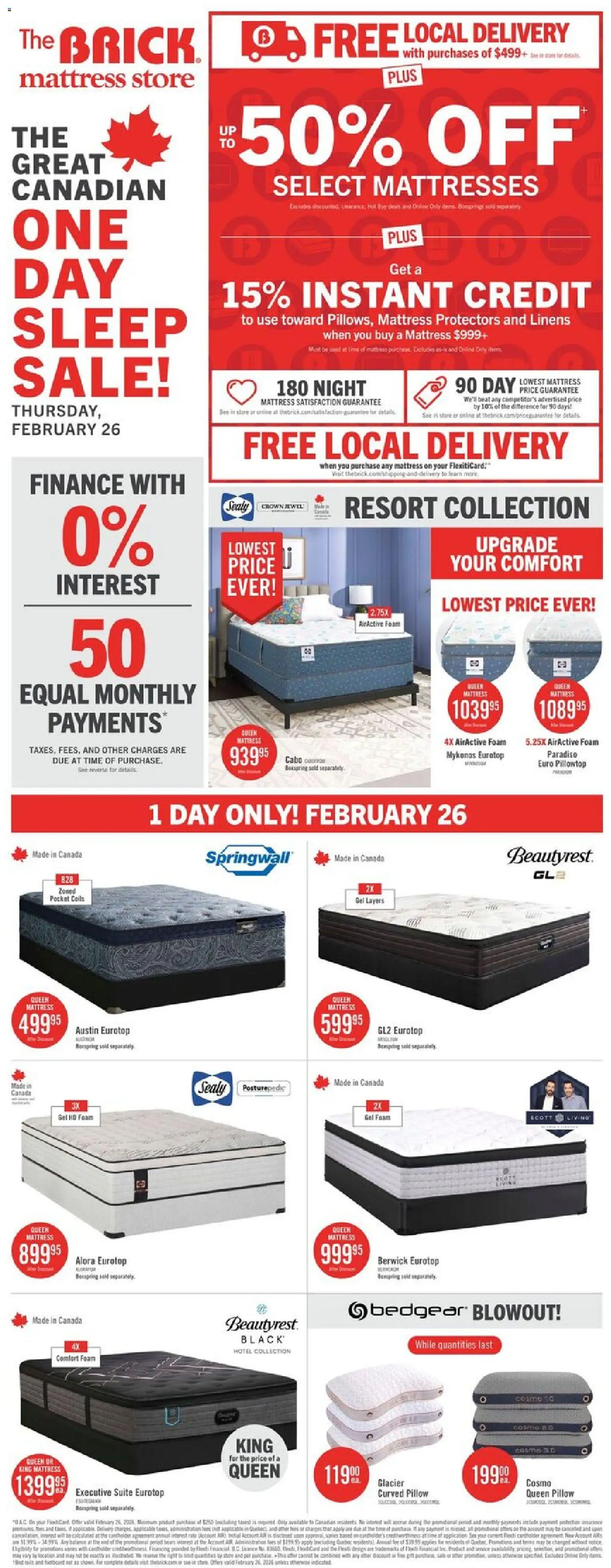 Preview of leaflet Brick Mattress Store - One Day Sale from shop The Brick is valid from Feb 26, 2026 - Mattresses, Mattress, Pillow, Foam