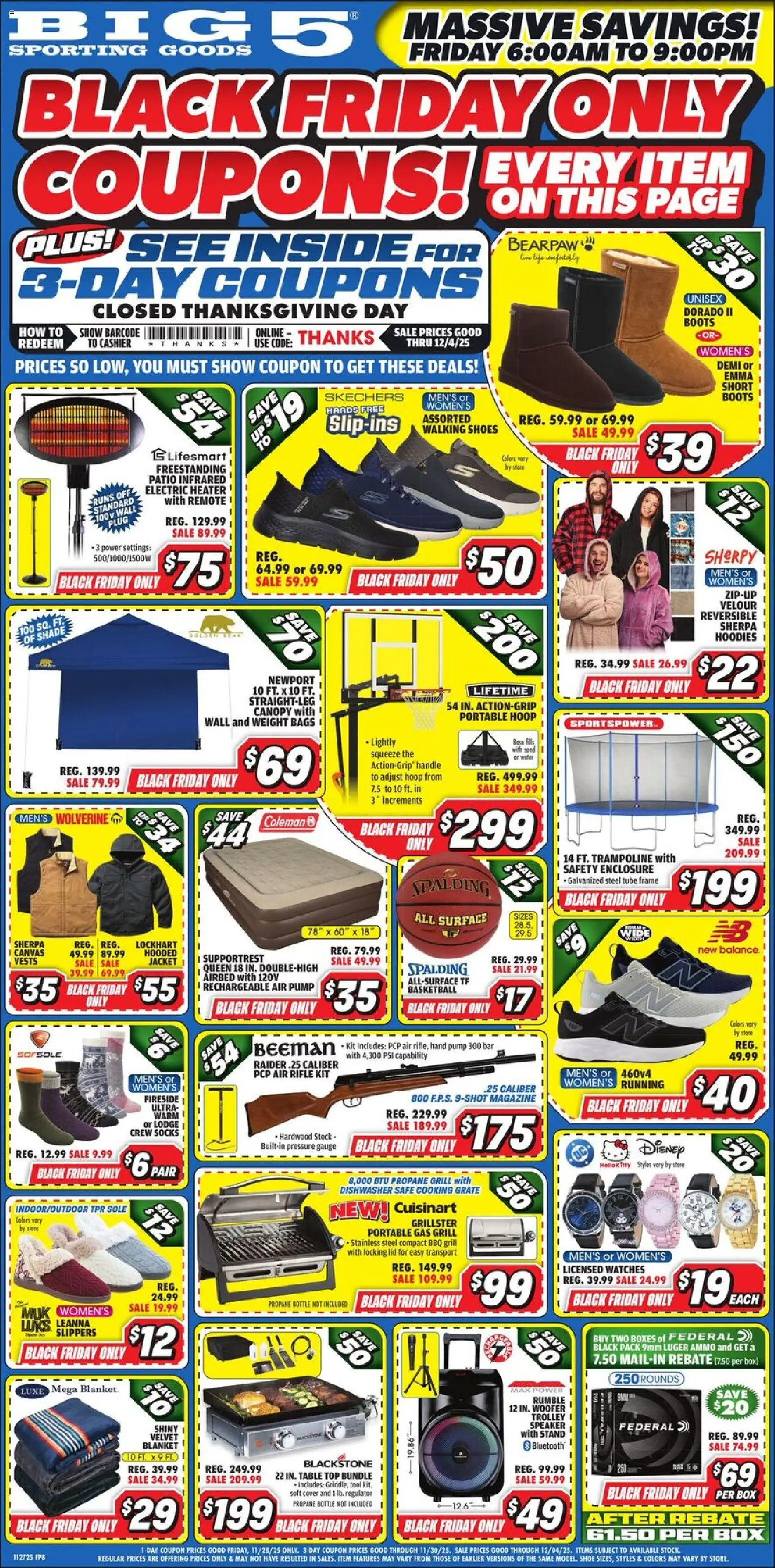 Ad Preview of Big 5 Sporting Goods Black Friday from 11/27/2025 - Watches, Blanket, Jacket, Magazine, Grate, Pressure gauge, Ammo, Rifle
