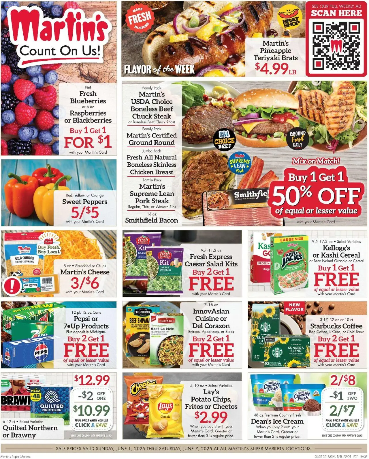 Martin’s Weekly Ad from 06/01/2025 - Flyer - Page number 1 - Raspberries, Peppers, Cheese, Chocolate, Beef, Ice cream, Ice, Cereal