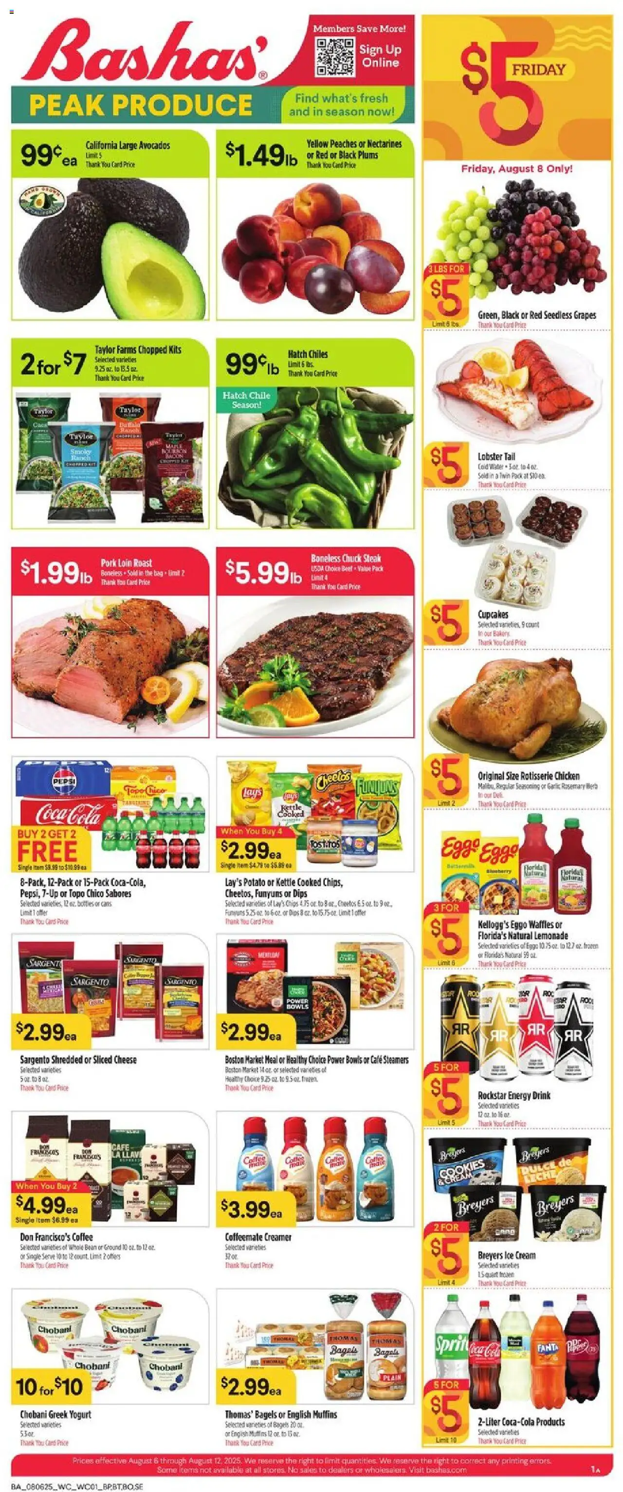 Basha's Weekly Ad from 08/06/2025 - Flyer - Page number 1 - Bakery, Waffles, Steak, Peaches, Bourbon, Pepsi, Grapes, Kettle