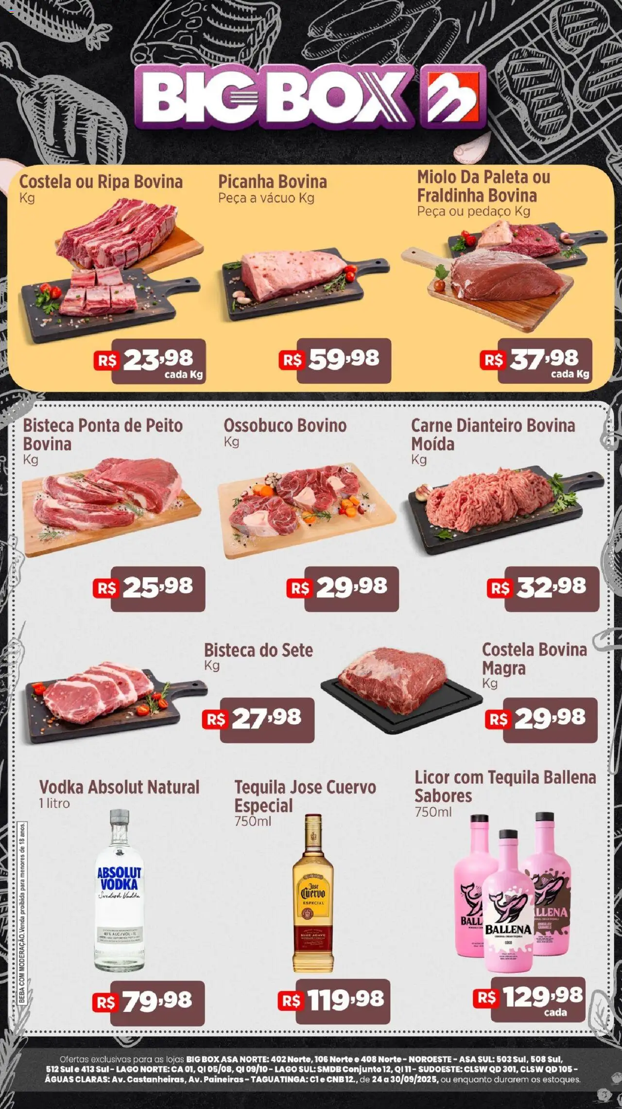 Pré-Visualização do folheto "Ofertas do Açougue" da loja Big Box válido a partir de 24/09/2025 - Picanha, Vodka, Carne, Tequila, Licor, Fraldinha, Agave, Costela bovina