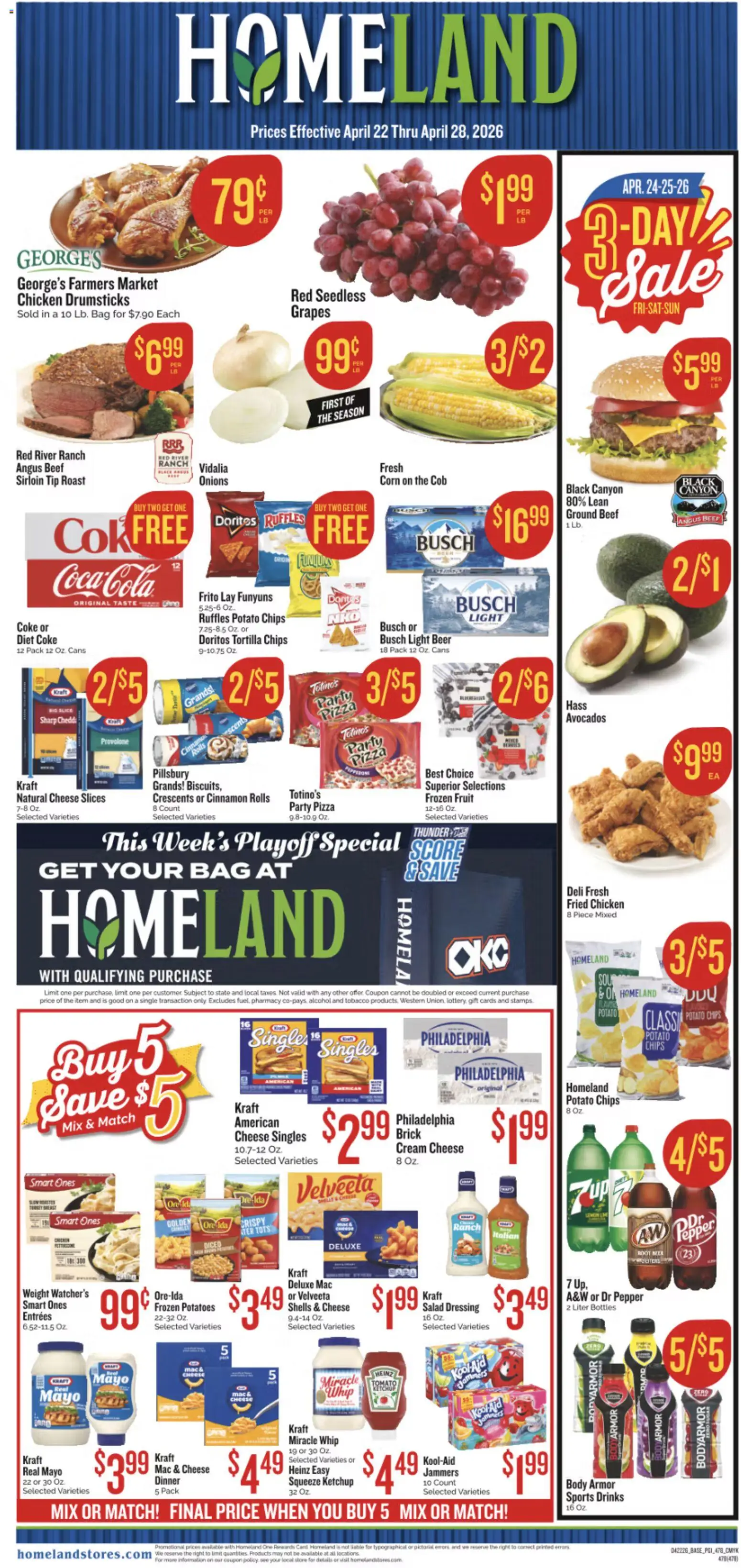Ad Preview of Homeland Homeland Weekly Ad from 04/22/2026 - Cheese, Corn, Pepper, Bag, Potato chips, Tortilla chips, Turkey breast, Frozen fruit