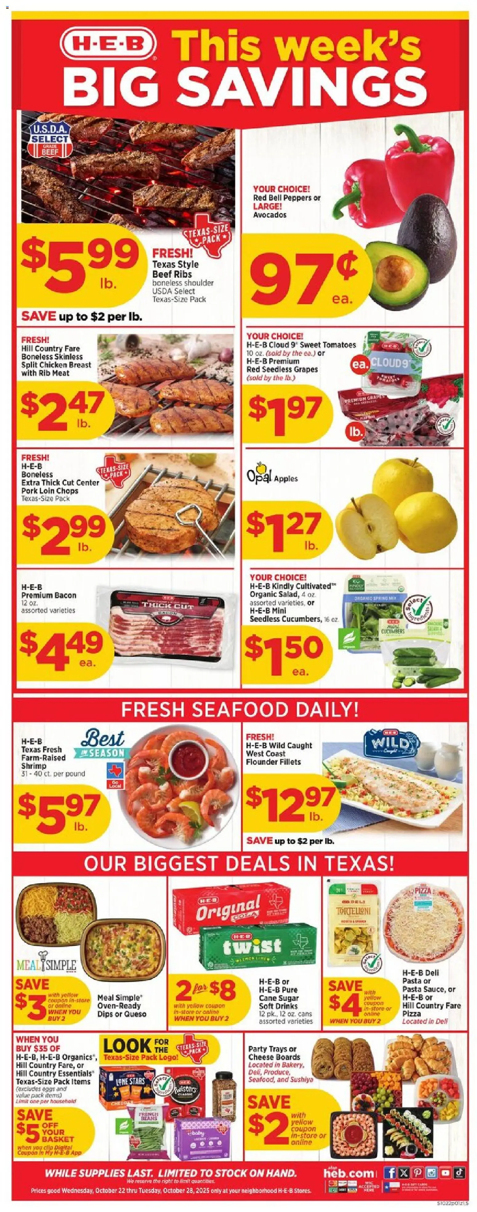 H-E-B Weekly Ad from 10/22/2025 - Flyer - Page number 1 - Apples, Tomatoes, Meat, Sugar, Grapes, Basket, Pork, Pork loin