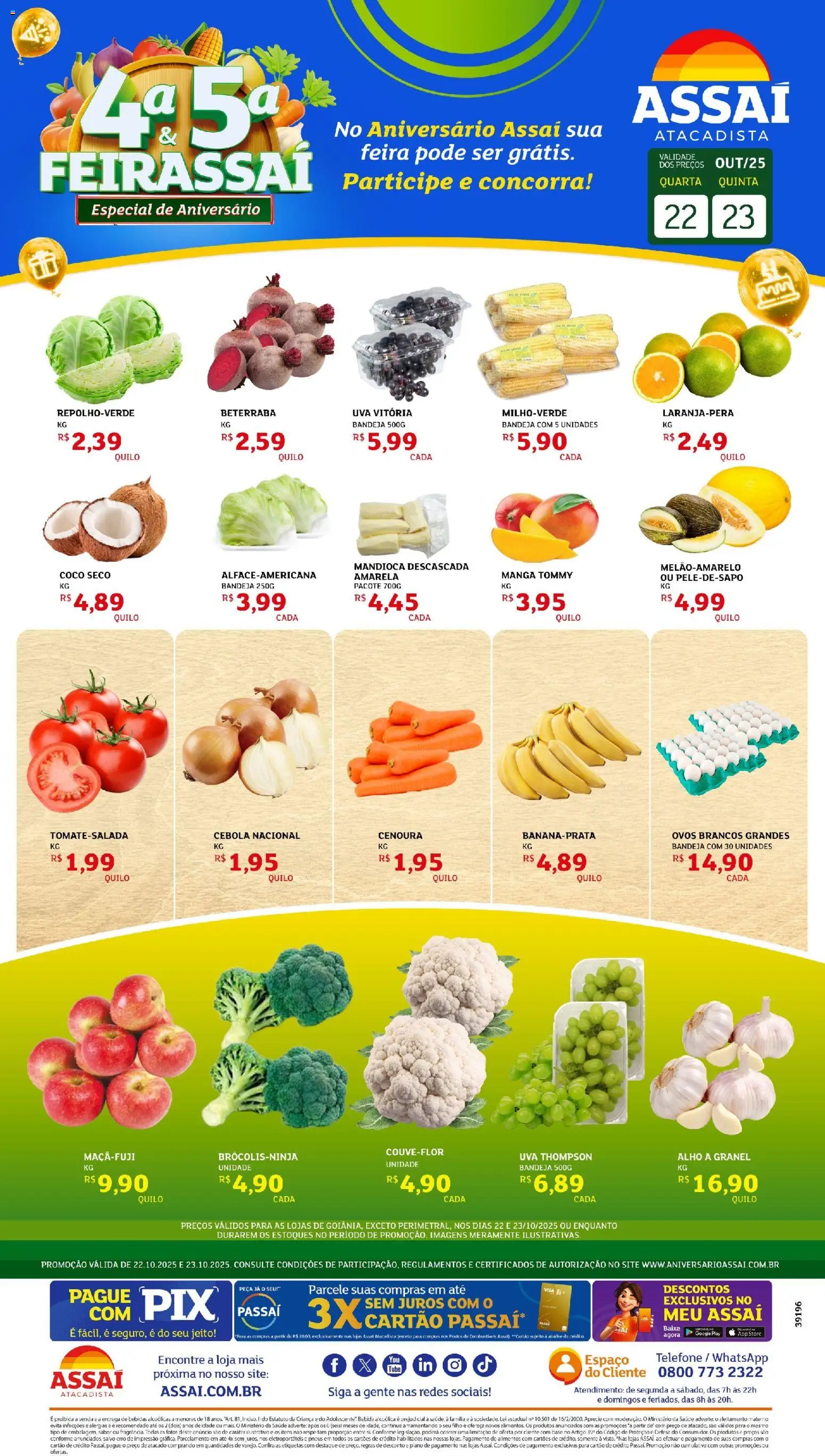 Assaí Atacadista folheto "Encarte - GO" válido a partir de 23/10/2025 - número de página 1 - Coco, Telefone, Ovos, Pneus, Base, Cebola, Bandeja, Alho