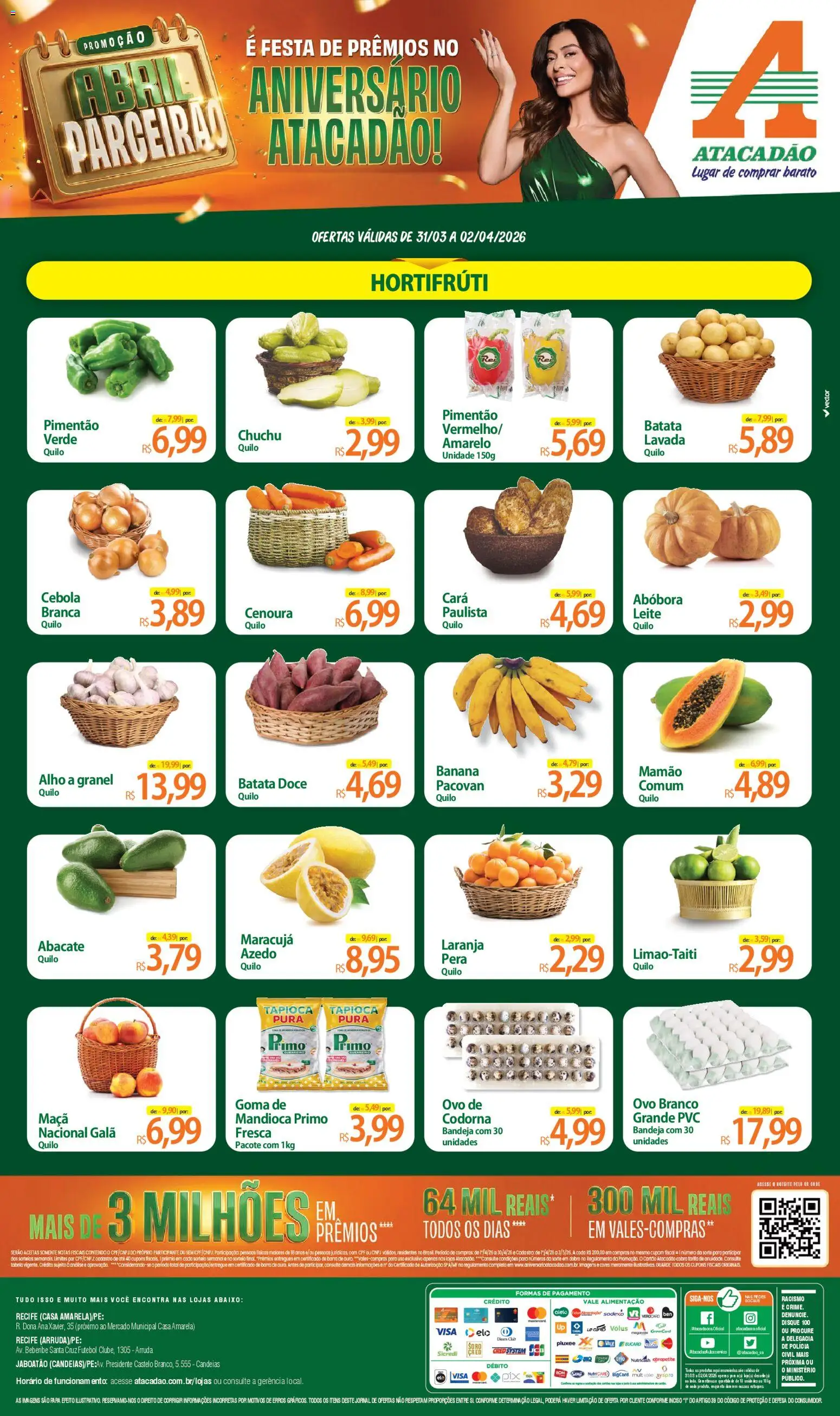Pré-Visualização do folheto "Atacadão ofertas - PE" da loja Atacadão válido a partir de 31/03/2026 - Tapioca, Chuchu, Batata, Maracujá, Cenoura, Bandeja, Mamão, Pimentão