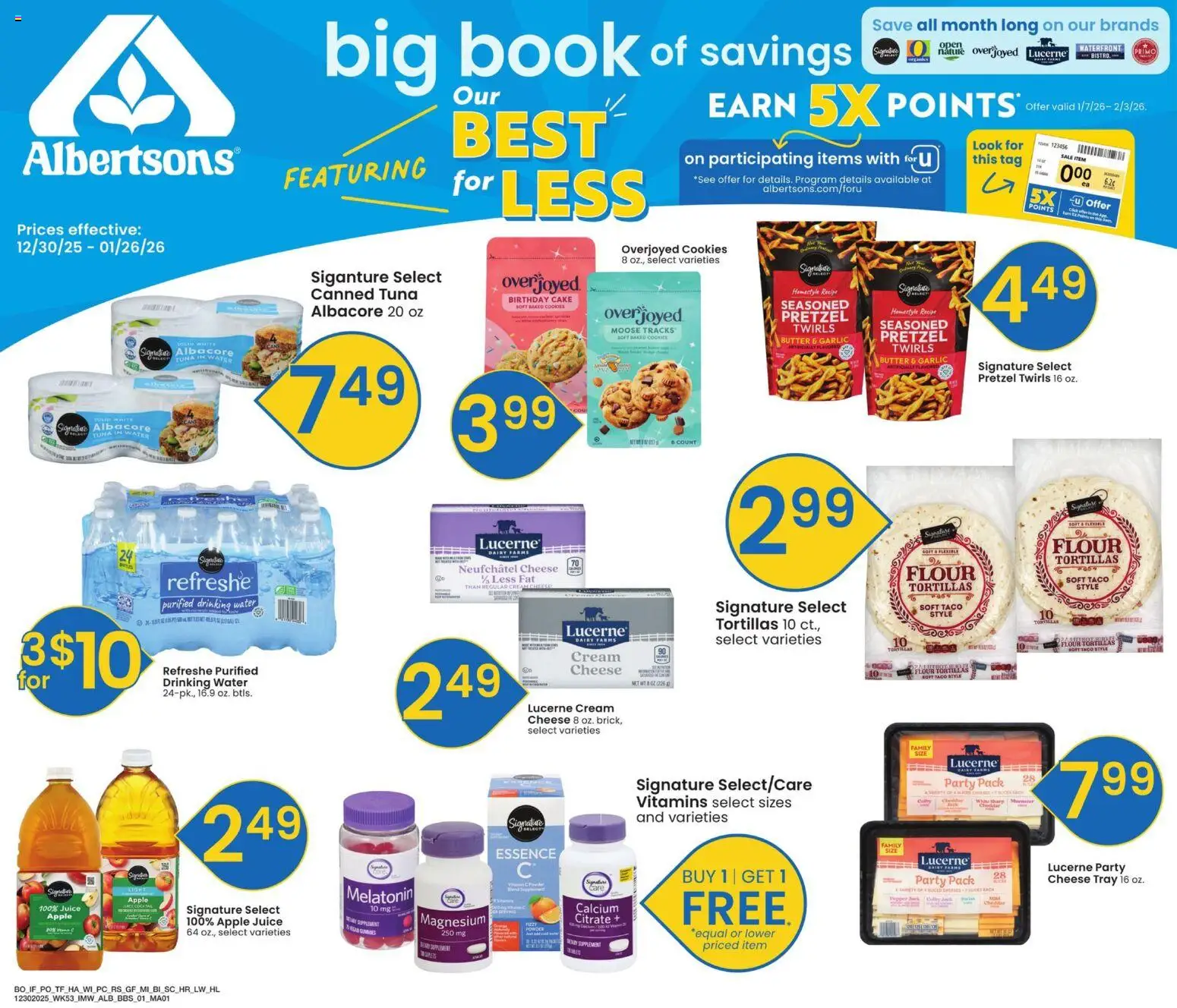 Ad Preview of Albertsons Big Book of Savings from 12/30/2025 - Water, Magnesium, Melatonin, Cheese, Juice, Tuna, Flour, Apple juice