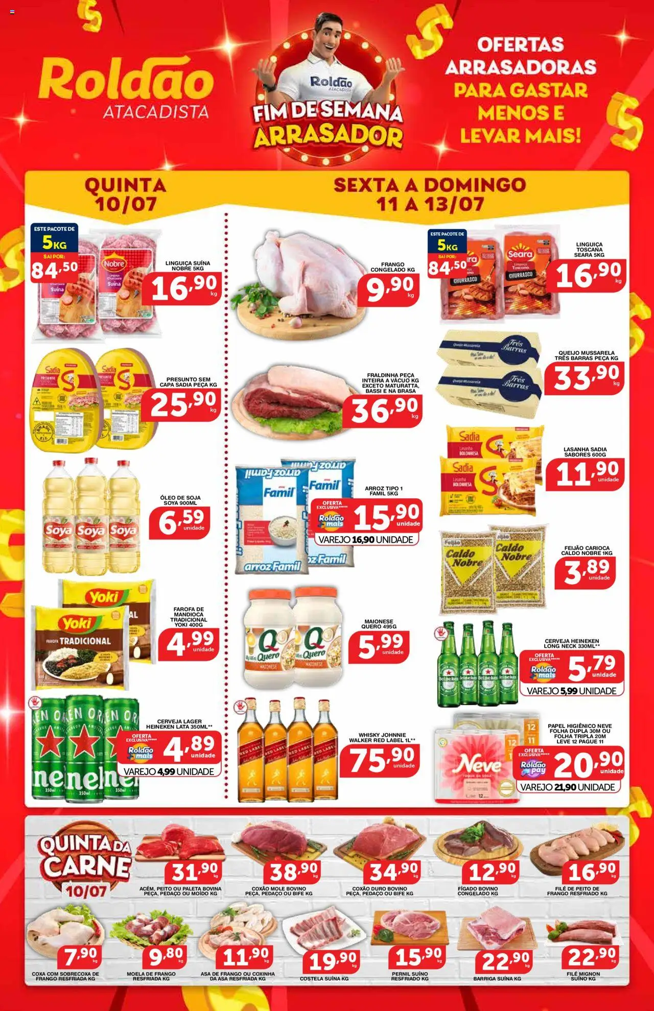 Roldão folheto "Ofertas Fim de Semana Arrasador" válido a partir de 11/07/2025 - número de página 1 - Whisky, Linguiça, Fraldinha, Barriga suína, Pernil suíno, Heineken, Maionese, Pacote de linguiça toscana