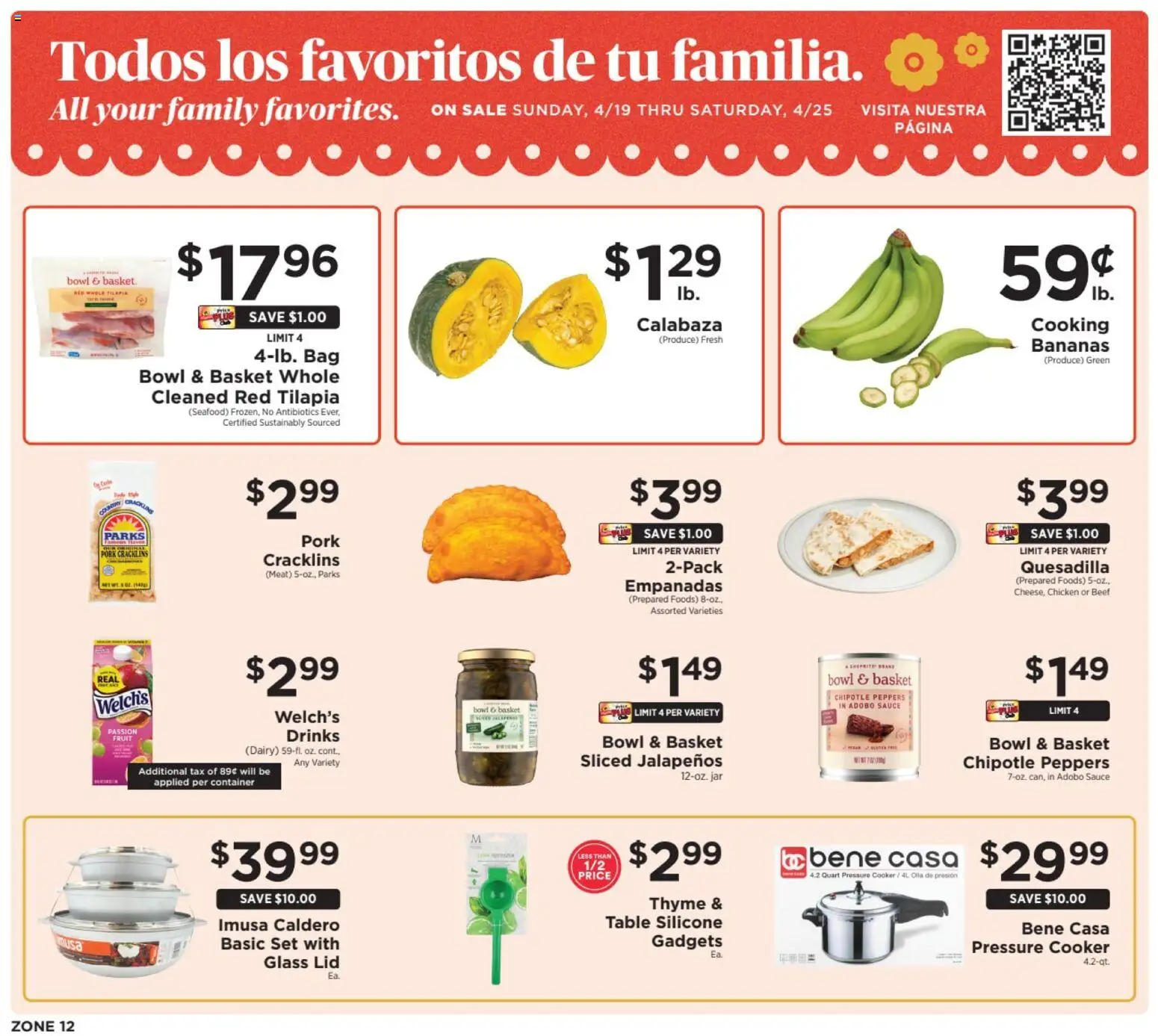 Ad Preview of ShopRite ShopRite Shop Hispanic from 04/19/2026 - Seafood, Bananas, Peppers, Beef, Basket, Sauce, Cooker, Table