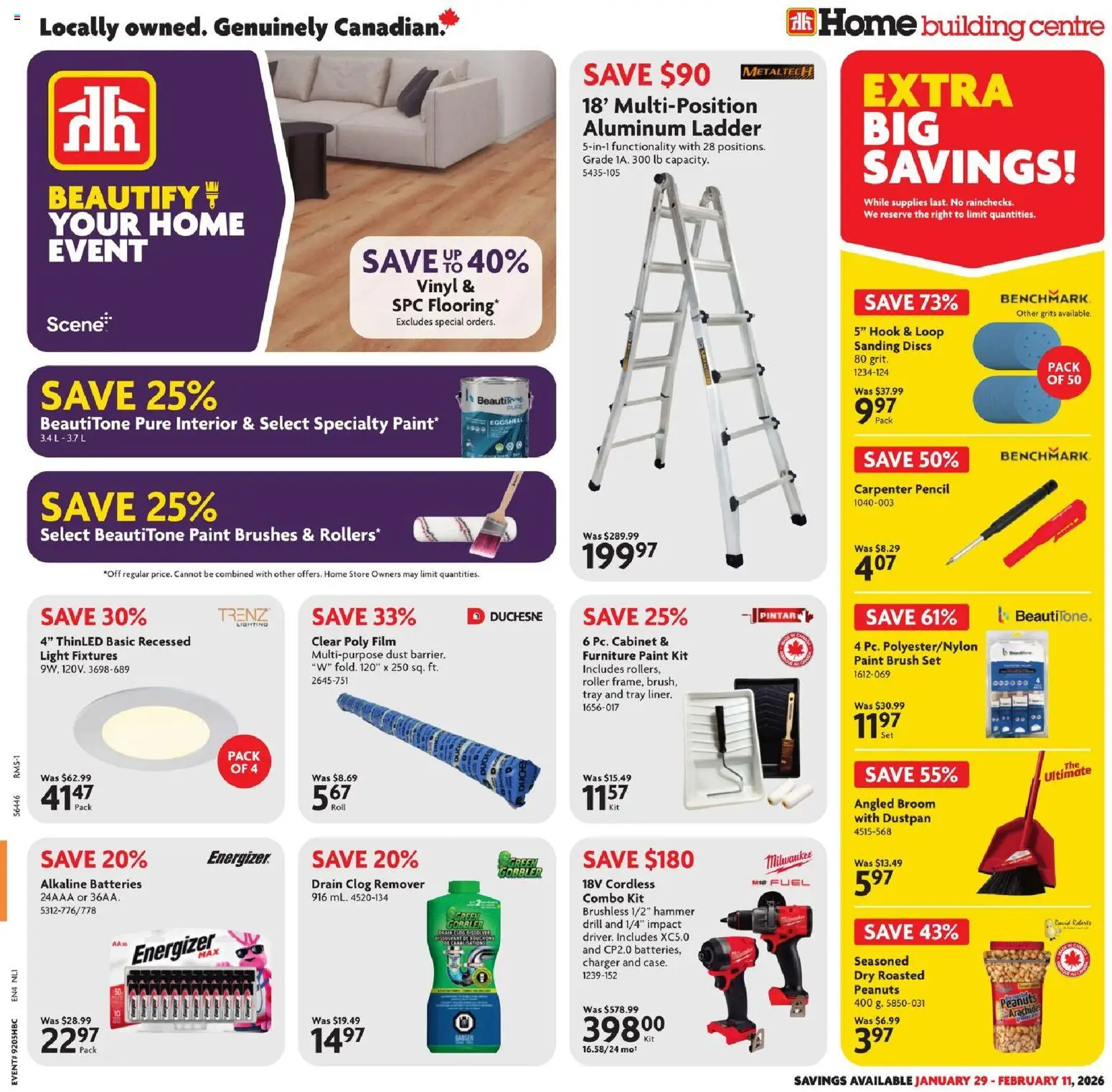 Preview of leaflet Weekly Flyer - NL from shop Home Hardware is valid from Jan 29, 2026 - Batteries, Cabinet, Peanuts, Brush, Aluminum ladder
