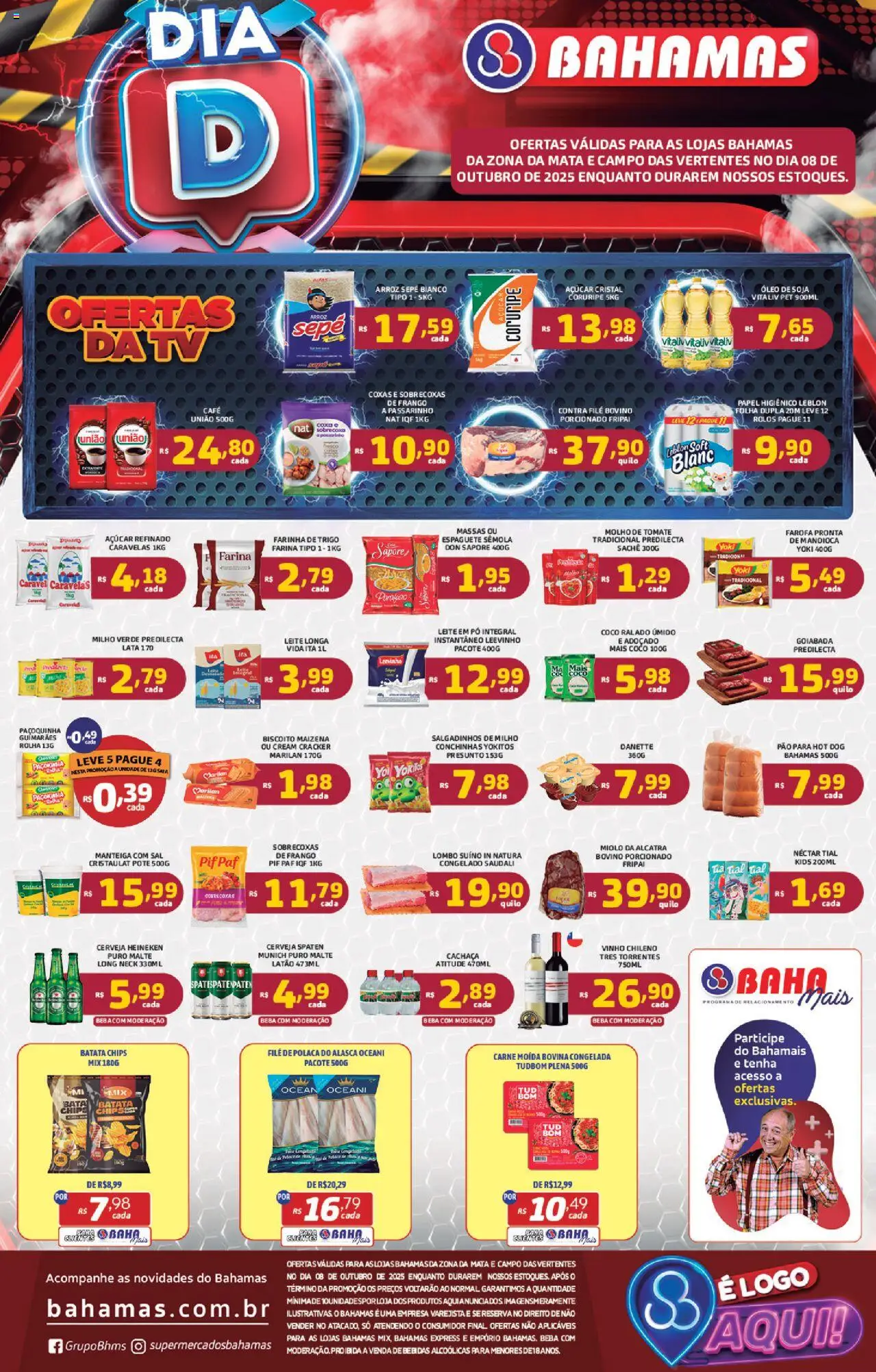Bahamas Supermercados folheto "Ofertas Dia D" válido a partir de 08/10/2025 - número de página 1 - Arroz, Salgadinhos, Açúcar, Milho, Cachaça, Presunto, Contra filé, File de polaca