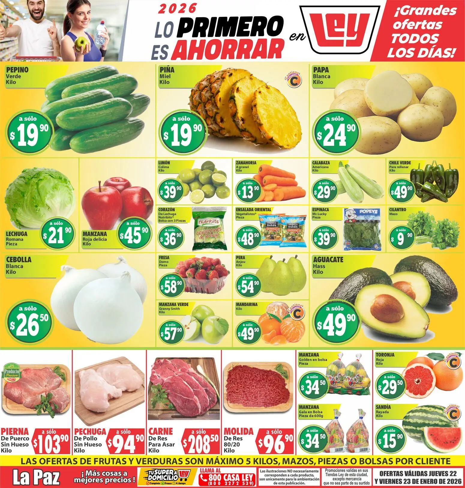 Vista previa las ofertas de la tienda Casa Ley - Folleto Las ofertas de frutas y verduras La Paz desde el 22/01/2026 - Pollo, Fresa, Manzana, Limón, Zanahoria, Piña, Pera, Miel