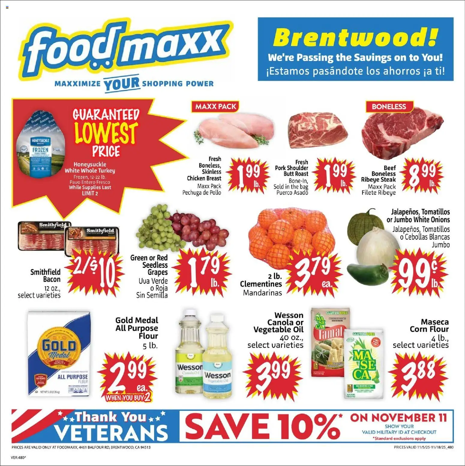 Ad Preview of FoodMaxx Weekly Ad from 11/05/2025 - Turkey, Oil, Beef, Bag, Pork, Pork shoulder, Vegetable oil, Seedless grapes