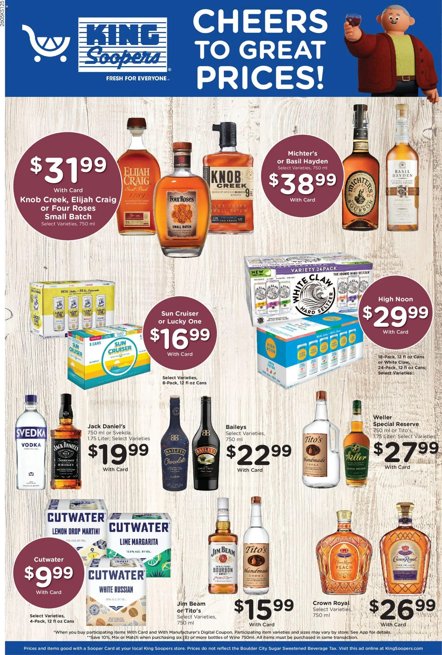 Ad Preview of King Soopers Adult Beverage from 03/18/2026 - Wine, Peach, Bourbon, Sugar, Baileys, Martini, Lime, Jack Daniel's