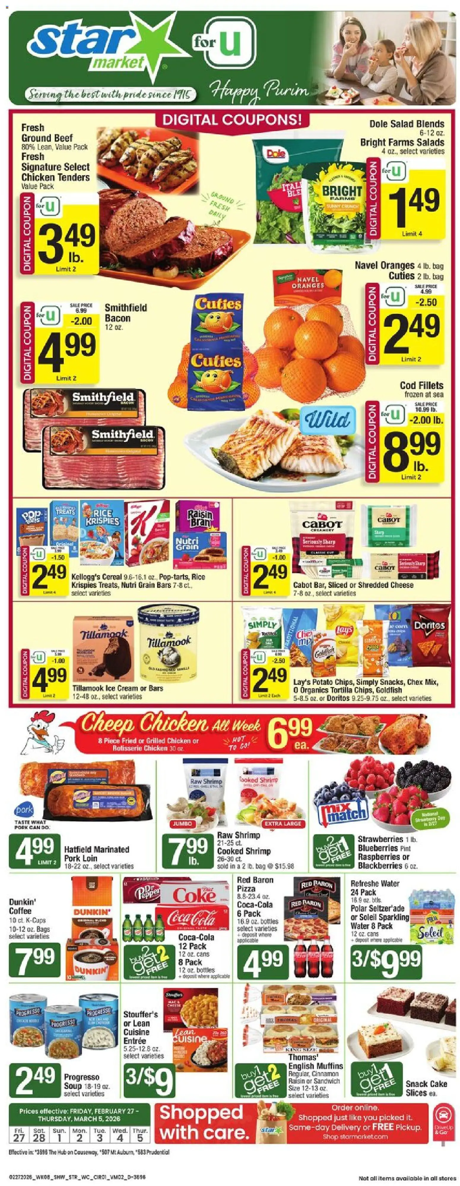 Ad Preview of Star Market Weekly Ad from 02/27/2026 - Water, Salad, Oranges, Blueberries, Raspberries, Pepper, Ground beef, Chicken