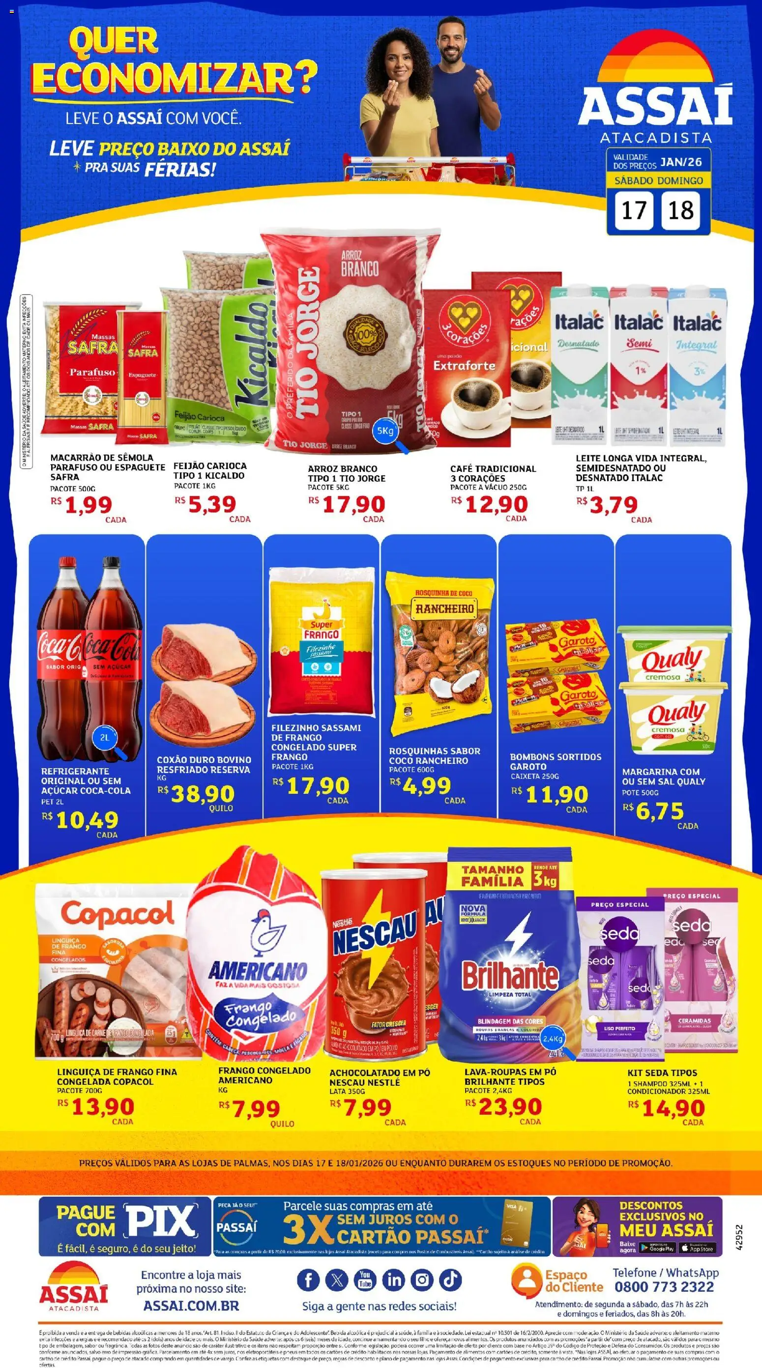 Pré-Visualização do folheto "Encarte - TO" da loja Assaí Atacadista válido a partir de 17/01/2026 - Café, Telefone, Shampoo, Feijão, Polvo, Frango, Baixo, Linguiça