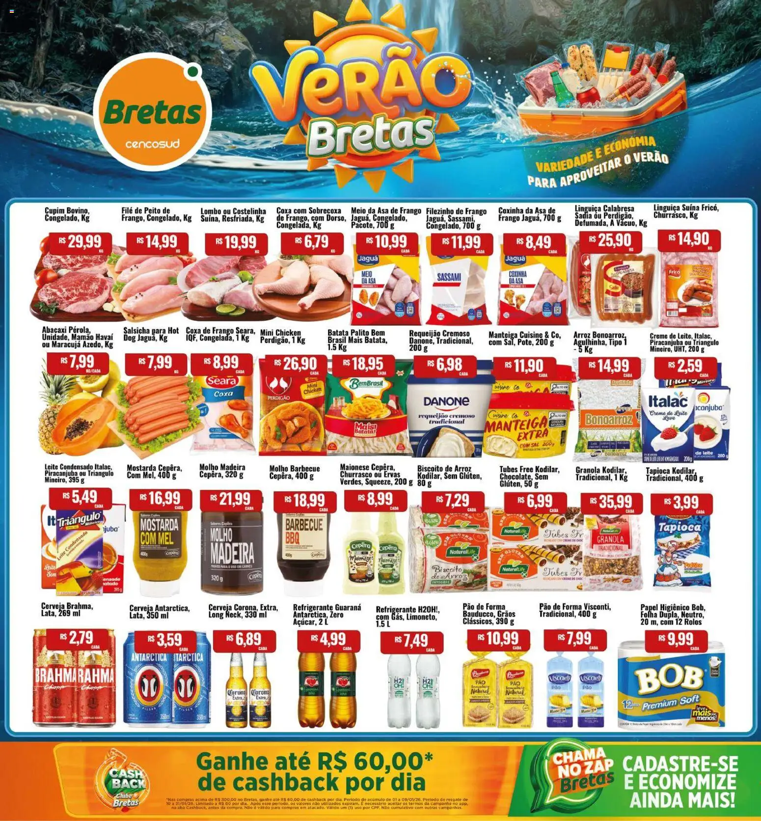 Pré-Visualização do folheto "Ofertas da semana" da loja Bretas válido a partir de 23/01/2026 - Tapioca, Salsicha, Frango, Pão de forma, Creme, Linguiça, Mamão, Coxa de frango