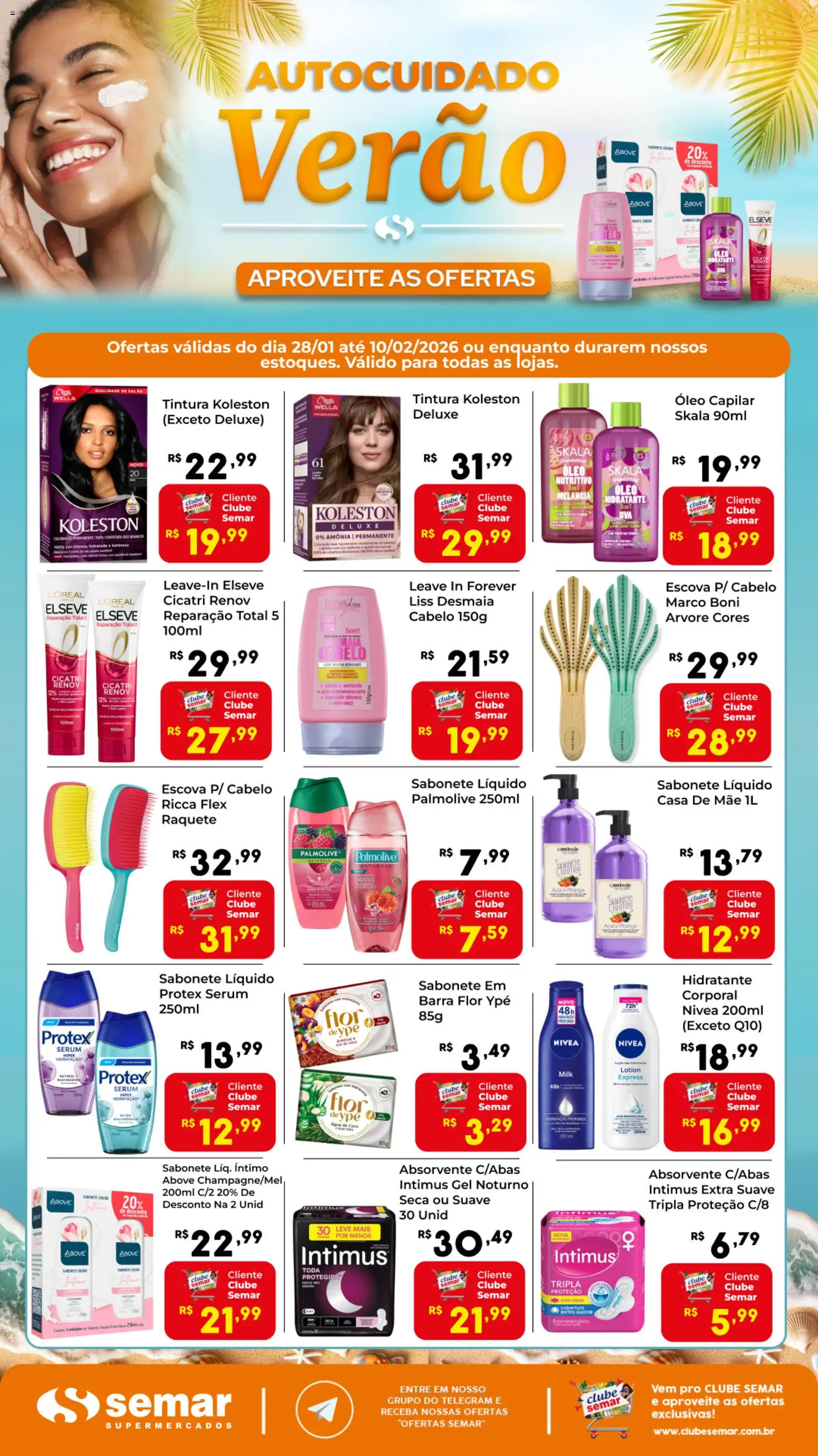 Pré-Visualização do folheto "Ofertas de Verão" da loja Semar Supermercado válido a partir de 28/01/2026 - Água, Absorvente, Água de coco, Óleo, Sabonete, Sabonete líquido, Sérum, Óleo capilar