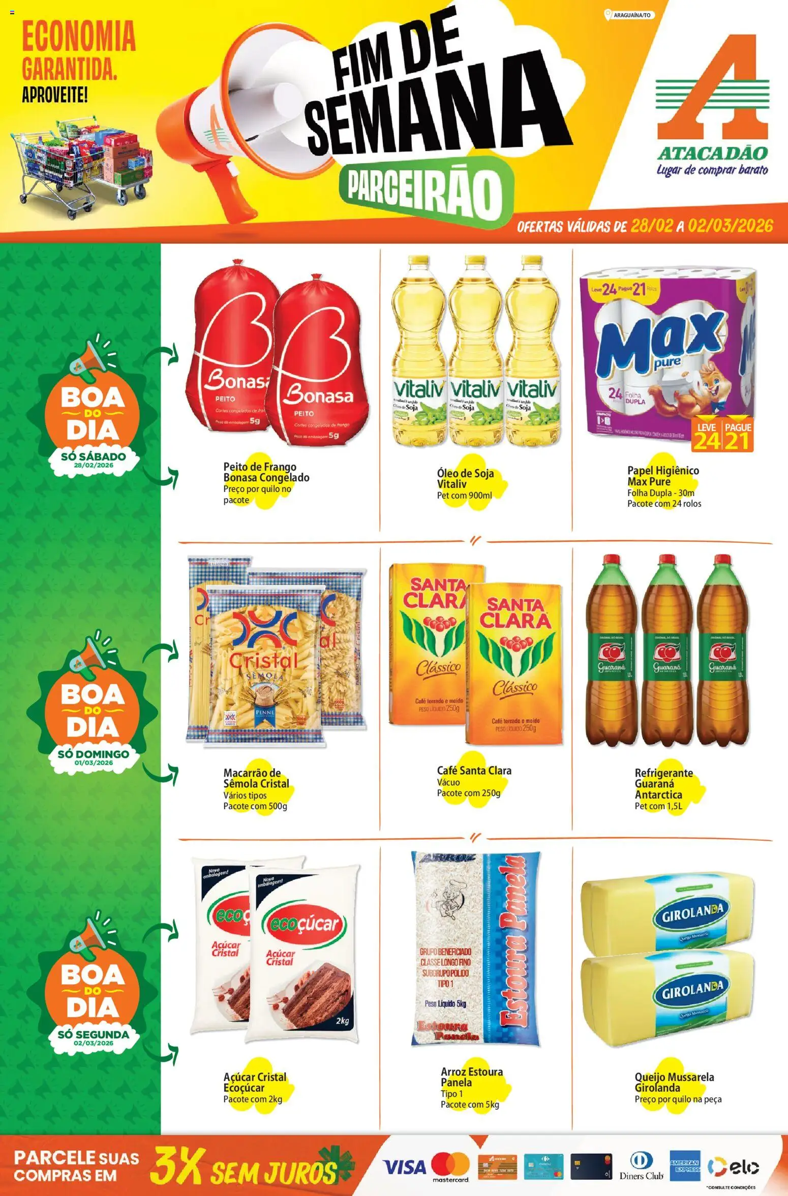 Pré-Visualização do folheto "ofertas - TO" da loja Atacadão válido a partir de 28/02/2026 - Óleo, Arroz, Queijo, Mussarela, Papel higiênico, Peito de frango, Guaraná, Açúcar cristal