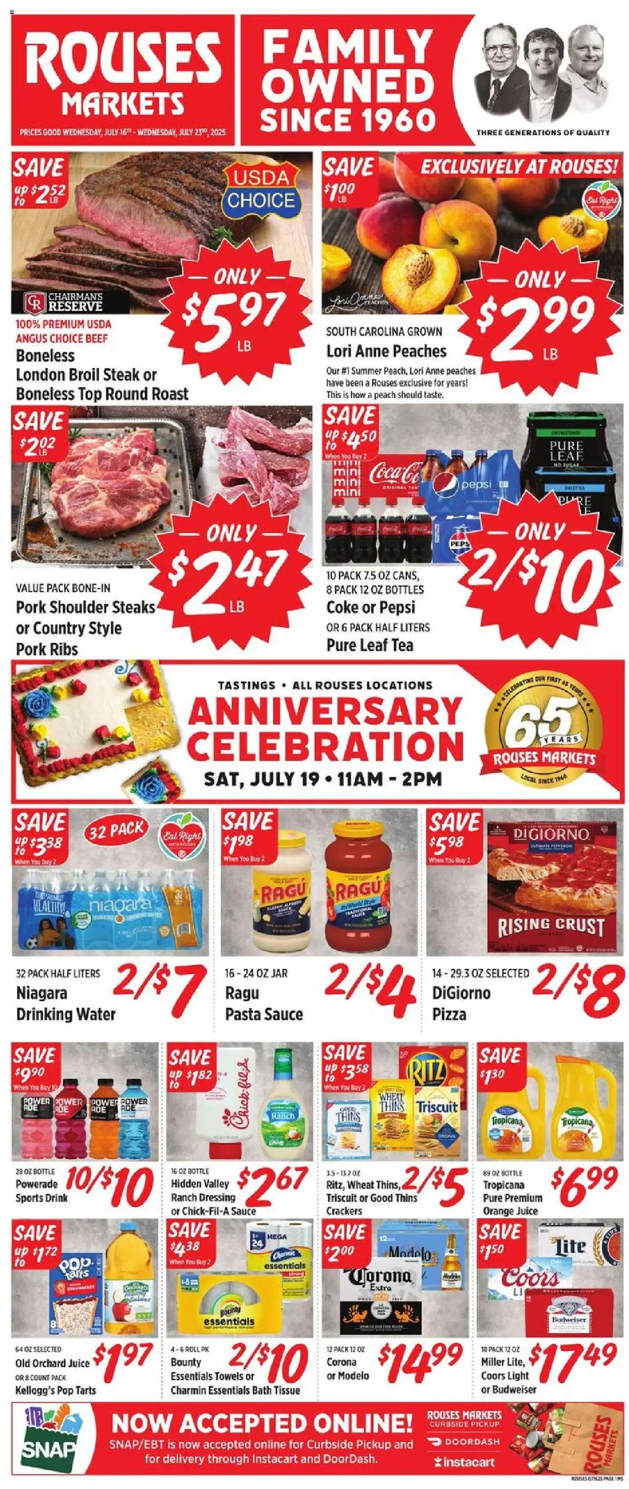 Rouses Weekly Ad - MS from 07/16/2025 - Flyer - Page number 1 - Pork shoulder, Peaches, Pizza, Pasta, Sauce, Sugar, Steak, Pepsi
