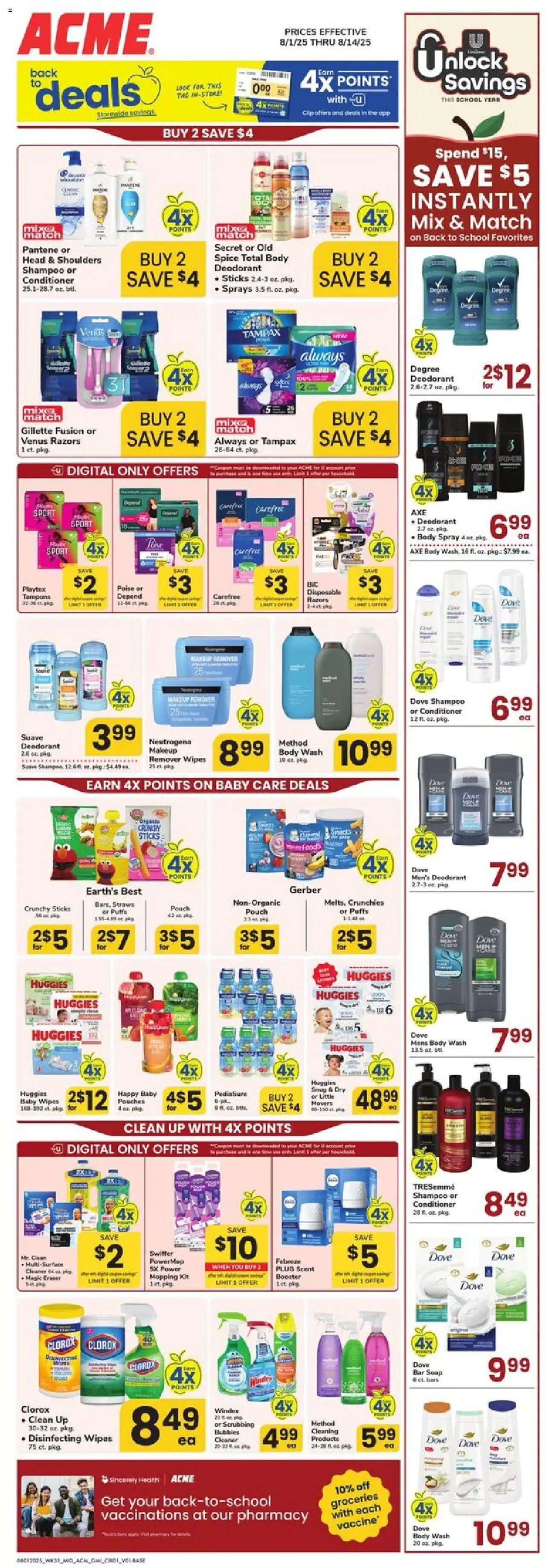Acme Ad from 08/01/2025 - Circular, Flyer - Page number 1 - Deodorant, Soap, Fusion, Axe, Body Wash, Conditioner, Bar Soap, Head & Shoulders