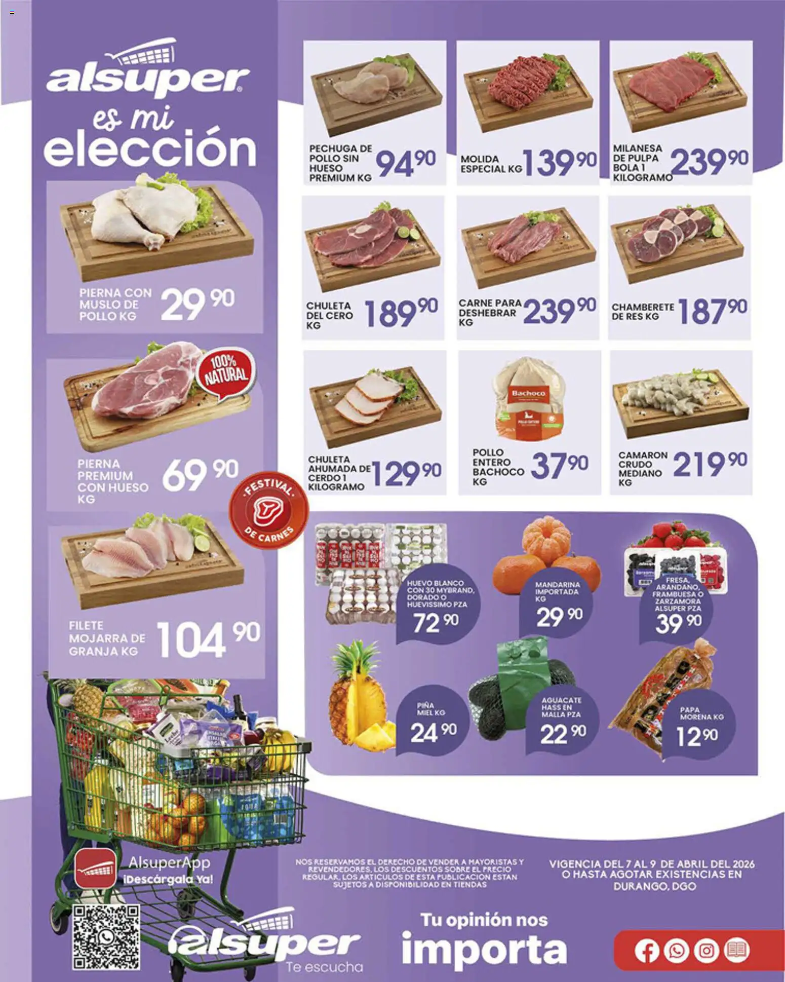 Vista previa las ofertas de la tienda Alsuper - Alsuper folleto Durango desde el 07/04/2026 - Pollo, Té, Aguacate, Huevo, Carne, Cerdo, Milanesa, Chuleta ahumada