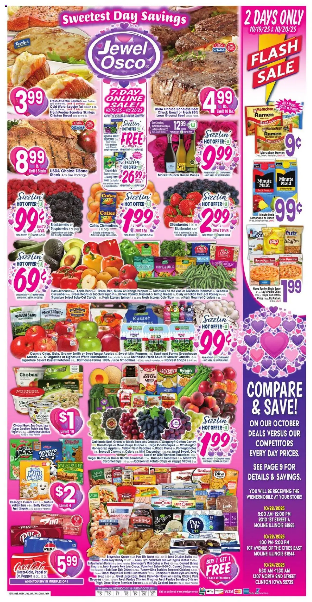 Jewel Osco Weekly Ad - IA from 10/15/2025 - Flyer - Page number 1 - Steak, Zucchini, Cantaloupes, Prosecco, Dishes, Beef, Muffins, Potato chips