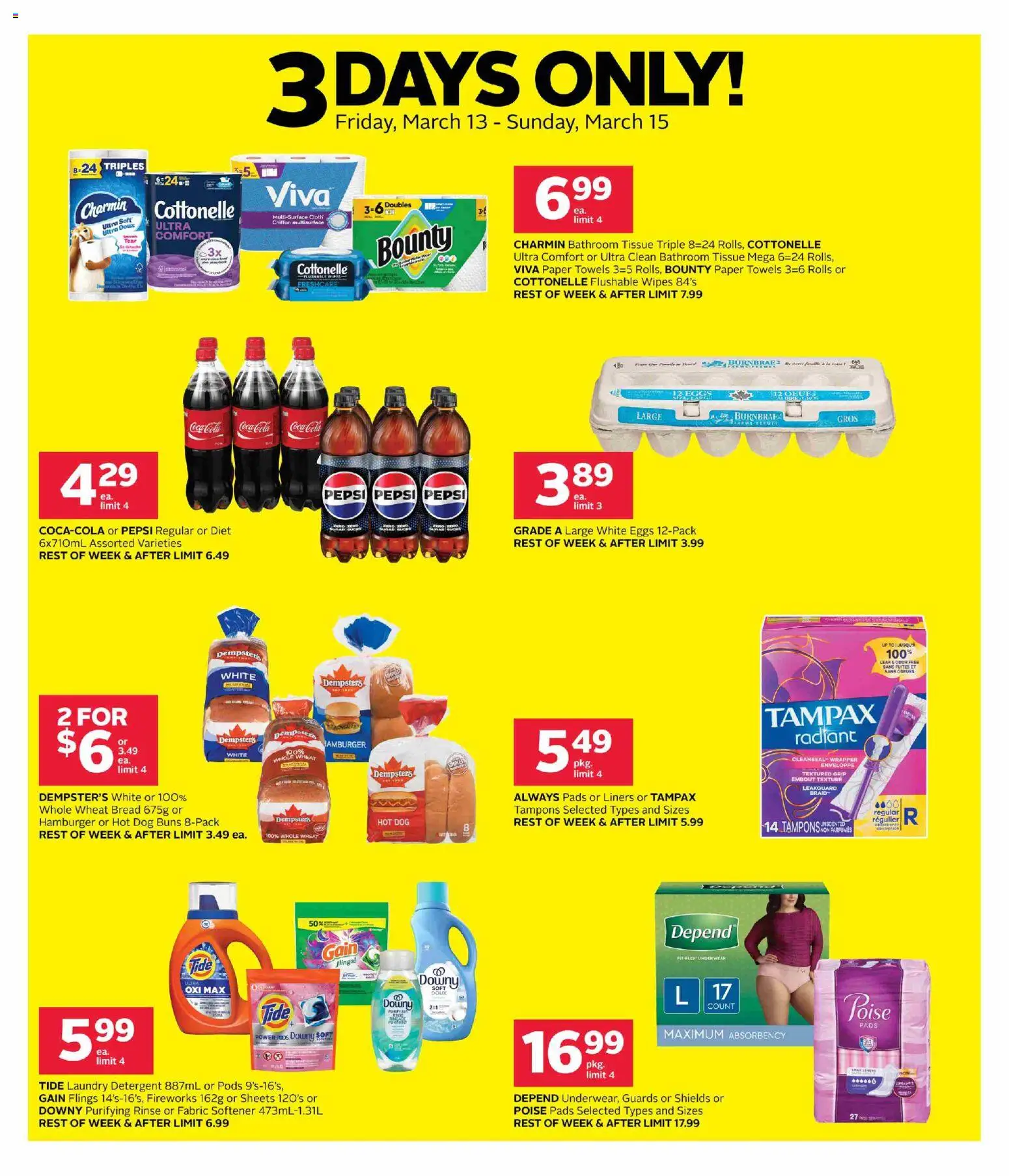 Preview of leaflet Rexall weekly flyer / circulaire from shop Rexall is valid from Mar 13, 2026 - Hamburger, Eggs, Pepsi, Tampons, Underwear, Towels, Detergent, Fabric softener