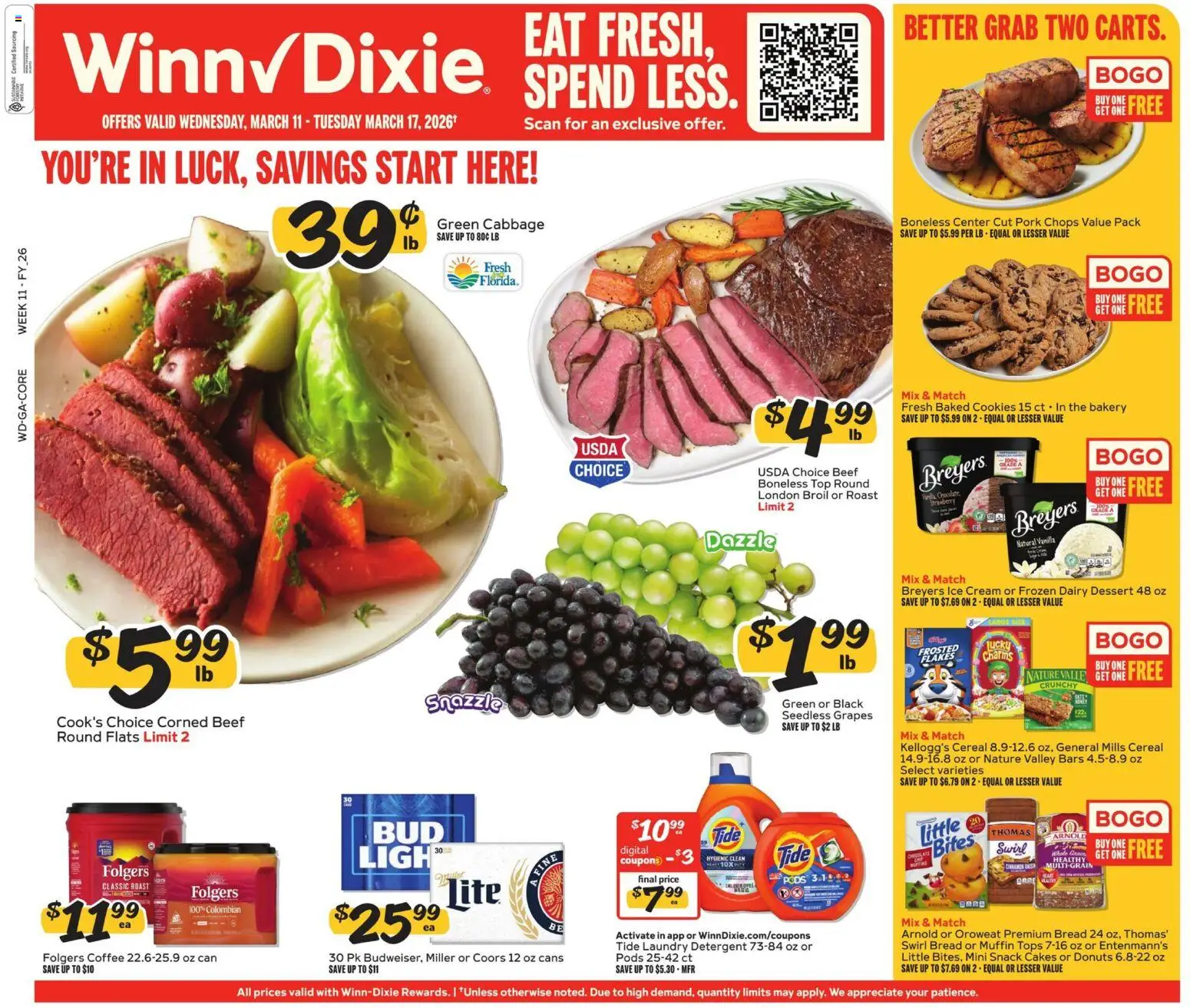 Ad Preview of Winn Dixie Winn Dixie Weekly Circular - GA from 03/11/2026 - Ice cream, Cookies, Ice, Grapes, Beef, Pork, Vanilla, Muffin