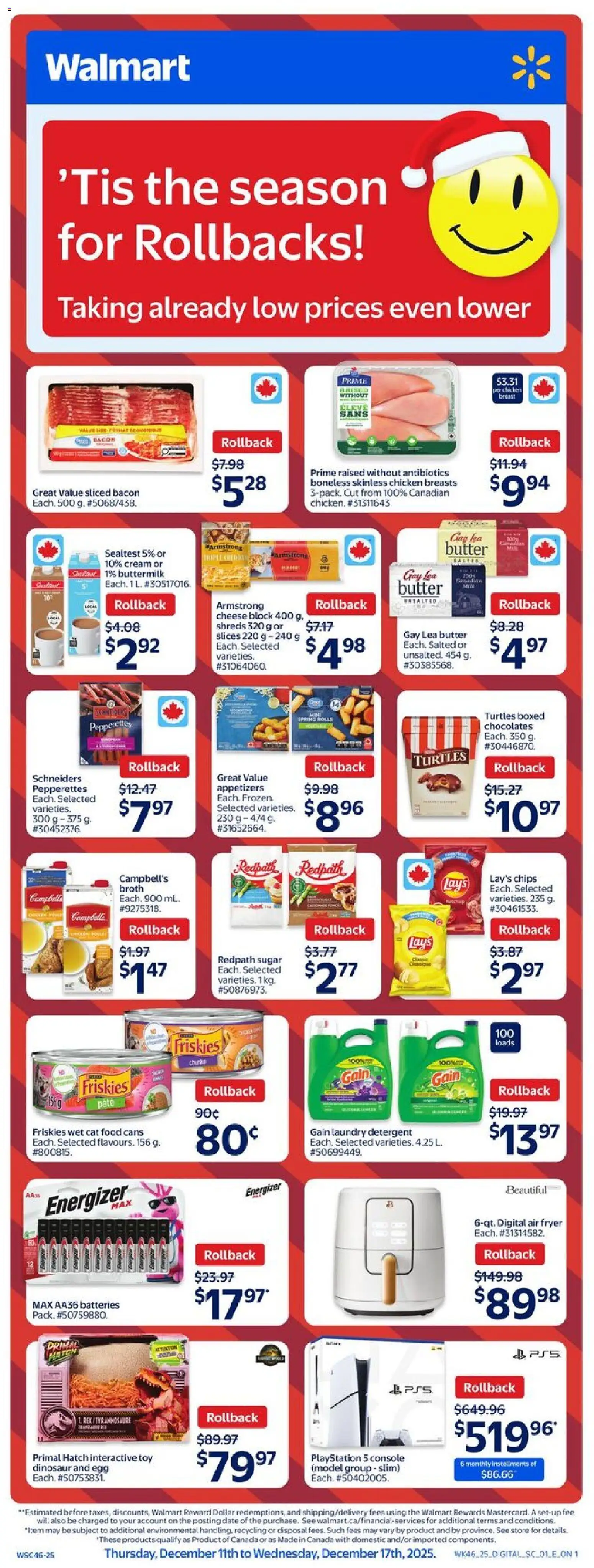 Preview of leaflet Weekly Flyer from shop Walmart is valid from Dec 11, 2025 - Playstation, Butter, Sugar, Appetizers, Chicken breasts, Pâté, Detergent, Fryer