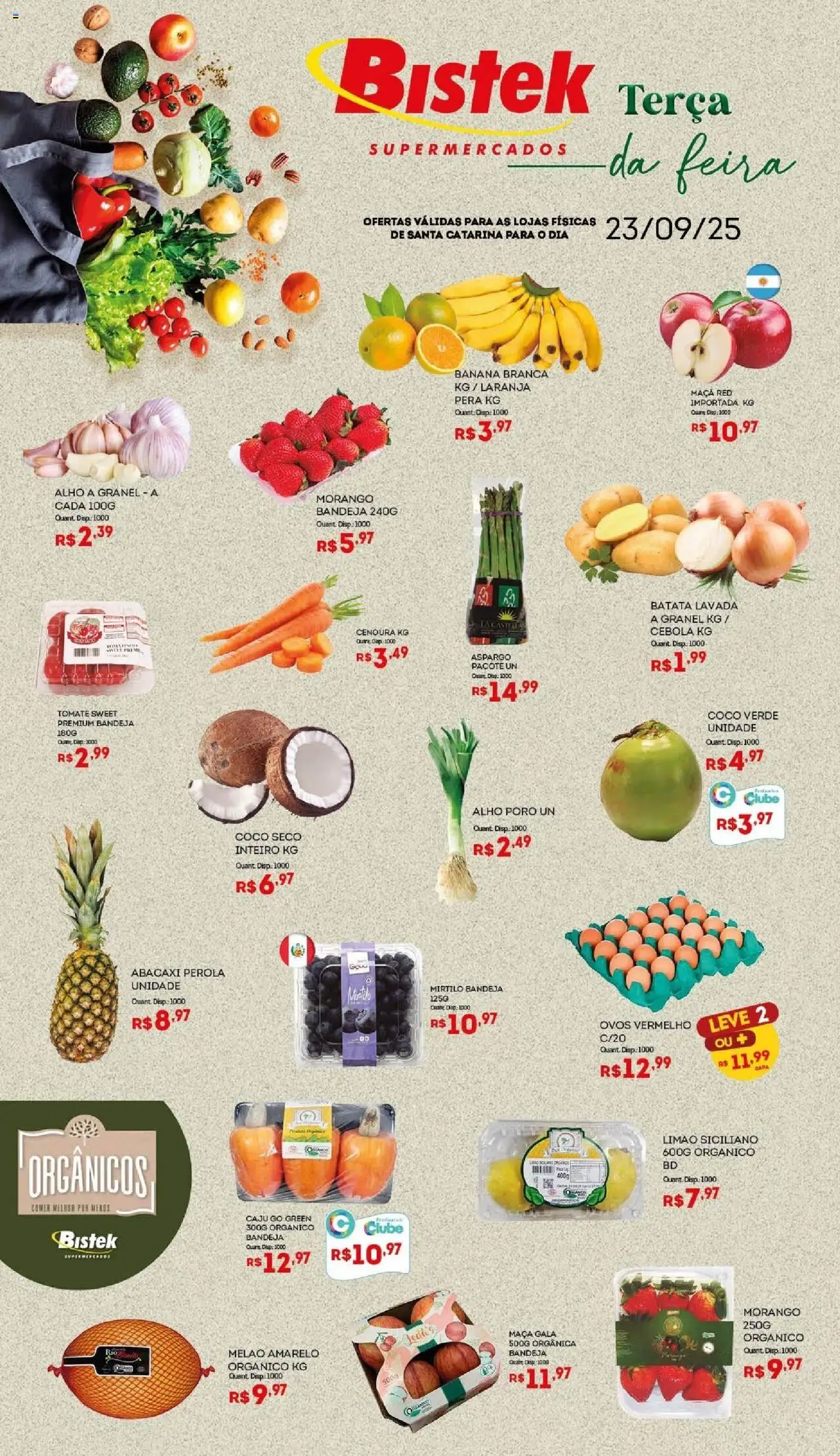 Bistek Supermercados folheto "Ofertas Hortifruti " válido a partir de 23/09/2025 - número de página 1 - Mirtilo, Ovos, Abacaxi, Tomate, Cebola, Bandeja, Melão, Melão amarelo
