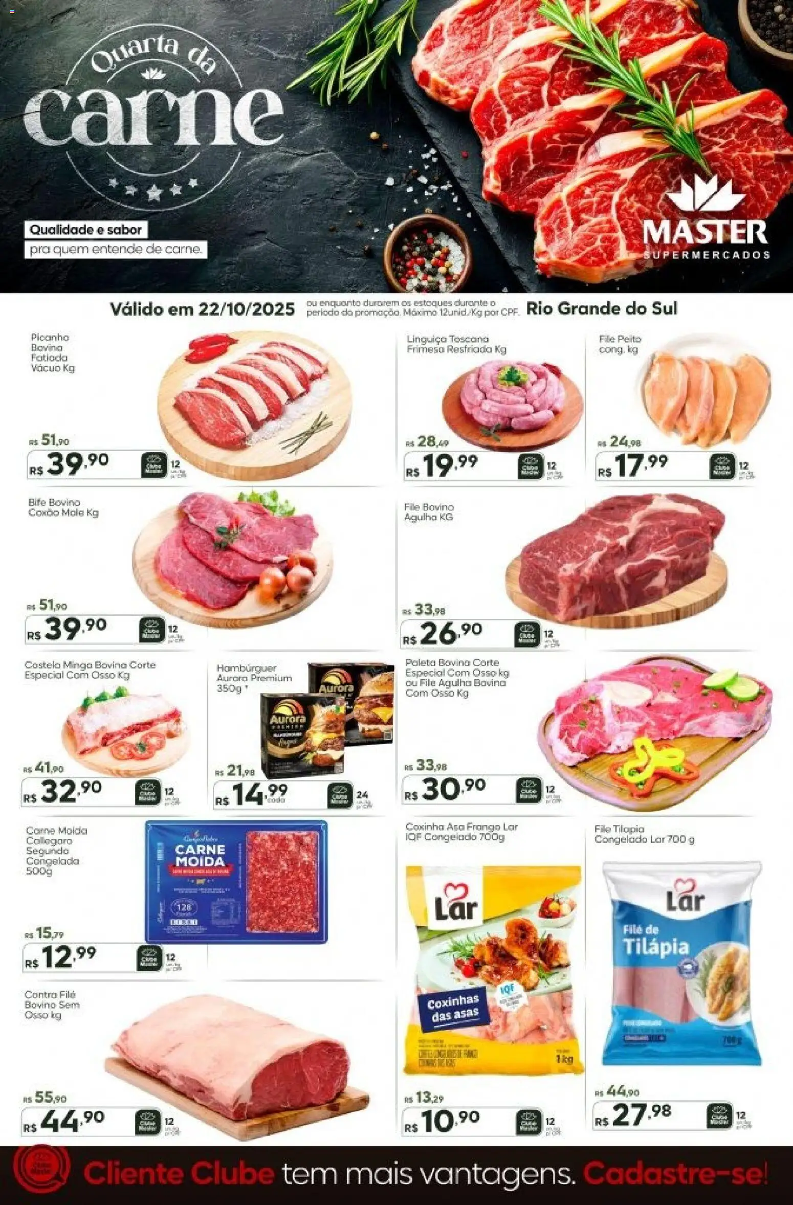 Master folheto "Ofertas do Dia - RS" válido a partir de 22/10/2025 - número de página 1 - Hambúrguer, Picanha, Carne, Frango, Linguiça, Tilápia, Contra filé, Coxão mole