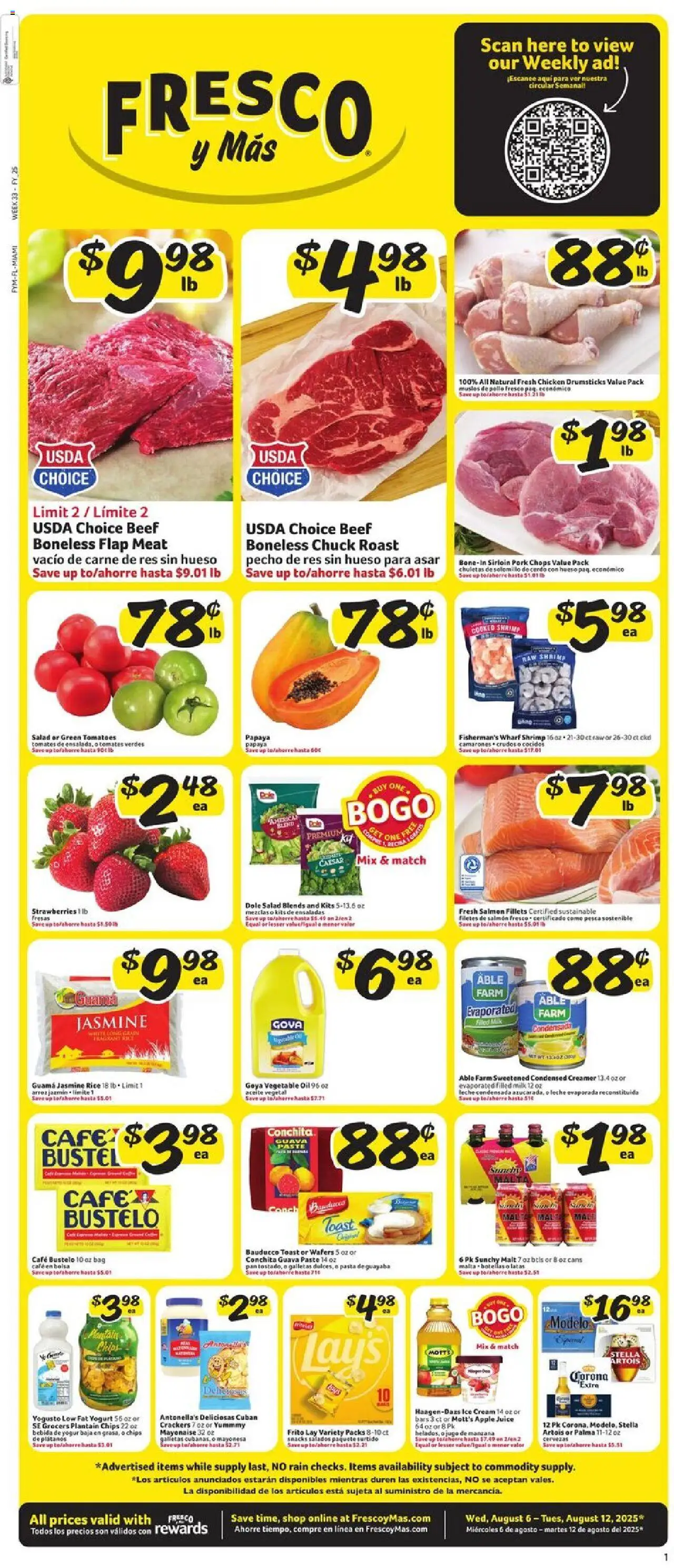 Fresco y Más Weekly Ad from 08/06/2025 - Flyer - Page number 1 - Salad, Salmon, Meat, Rice, Beef, Crackers, Cream, Wafers